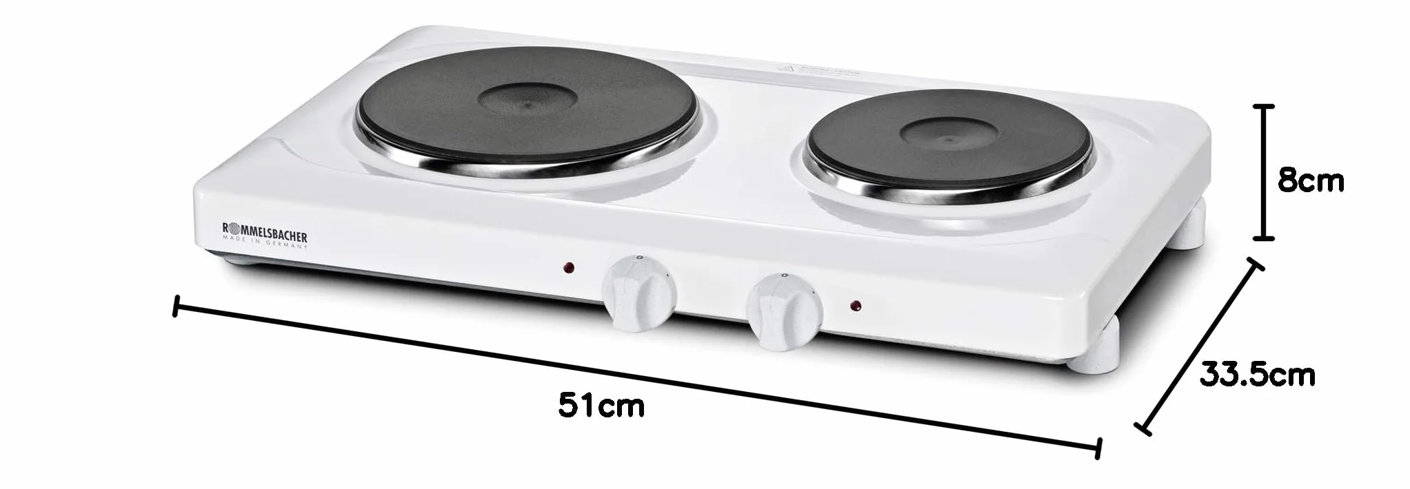 ROMMELSBACHER Podwójna płyta grzewcza THS 2590 – Made in Germany, 2 żeliwne płyty grzewcze 145/180 mm Ø, obudowa emaliowana ogniowo, przełącznik 7-suwowy, regulacja mocy, zabezpieczenie przed
