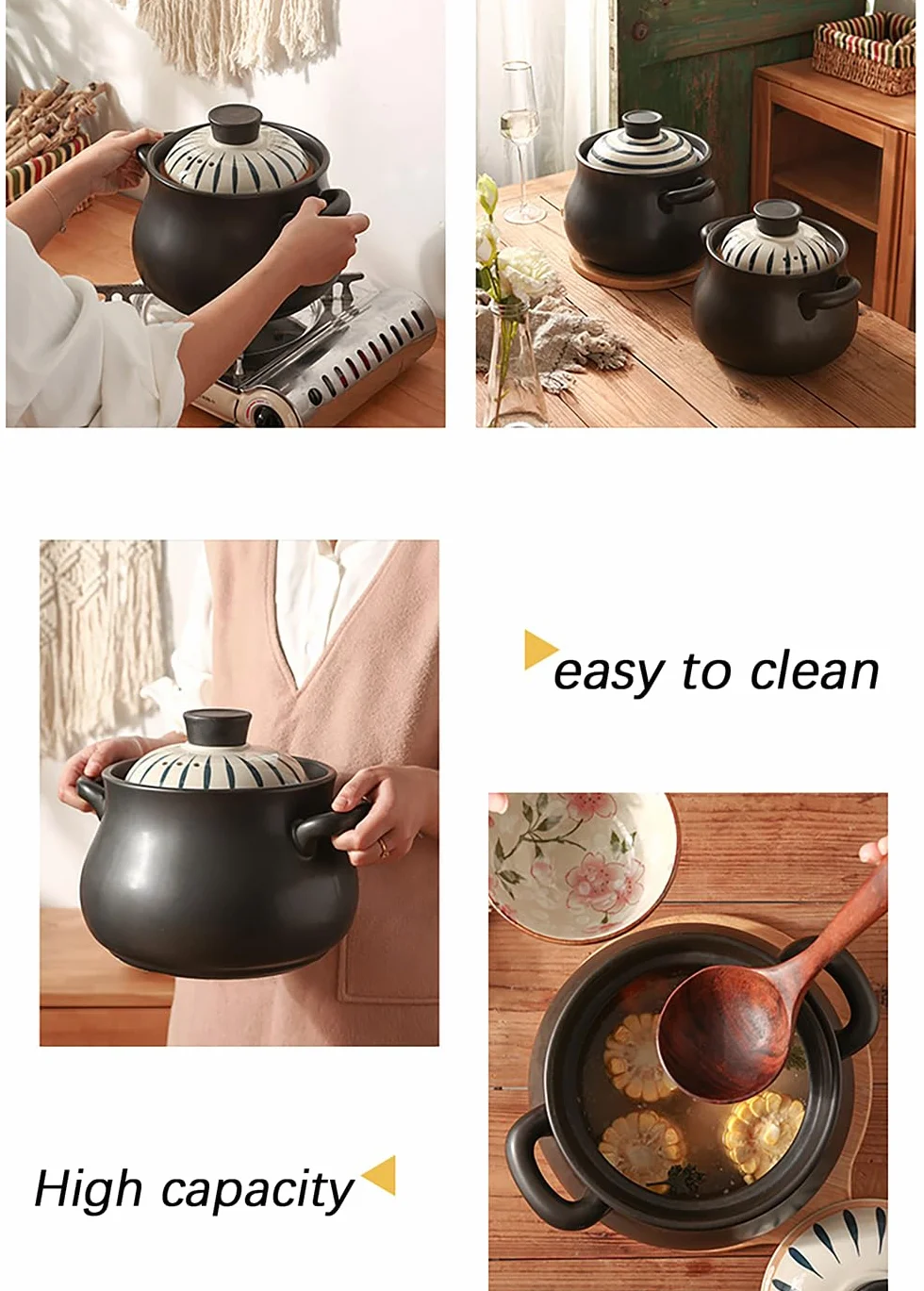Ceramiczny czarny garnek gliniany do zapiekania z pokrywką(3.5l)