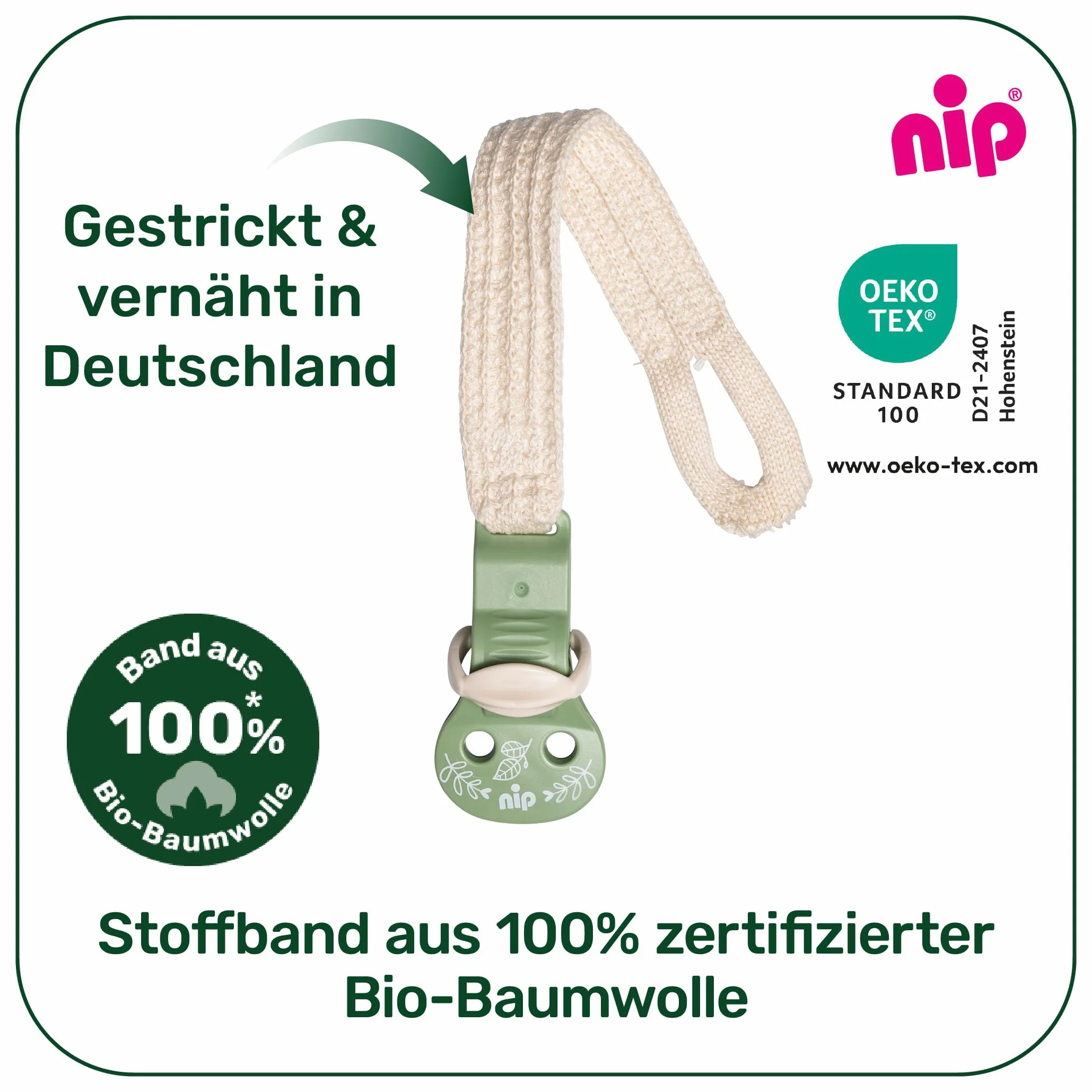 nip Stay Green Pasek do smoczka w 100% z bawełny ekologicznej, wyprodukowano w Niemczech, do smoczków z pierścieniem, stopniowa regulacja, chroni ubrania, kolor: brązowy