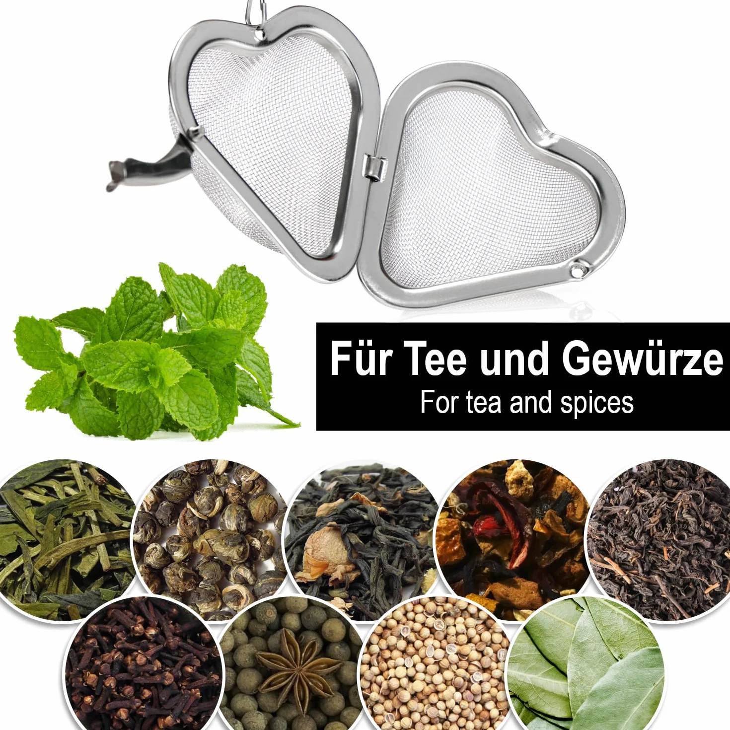4x Sitka do Herbaty ze Stali Nierdzewnej - Serce Ø 5,5 cm - Filtr do Herbaty, Ziól & Przypraw z Lancuszkiem - Drobna Siatka