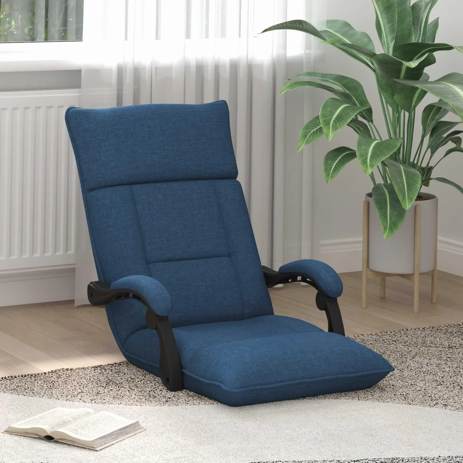 Regulowany fotel na nogi z niebieskiej tkaniny, tapicerowany z oparciem wielopozycyjnym, ergonomiczny i zajmuje mało miejsca, idealny jako krzesło podłogowe, fotel do czytania, fotel gamingowy