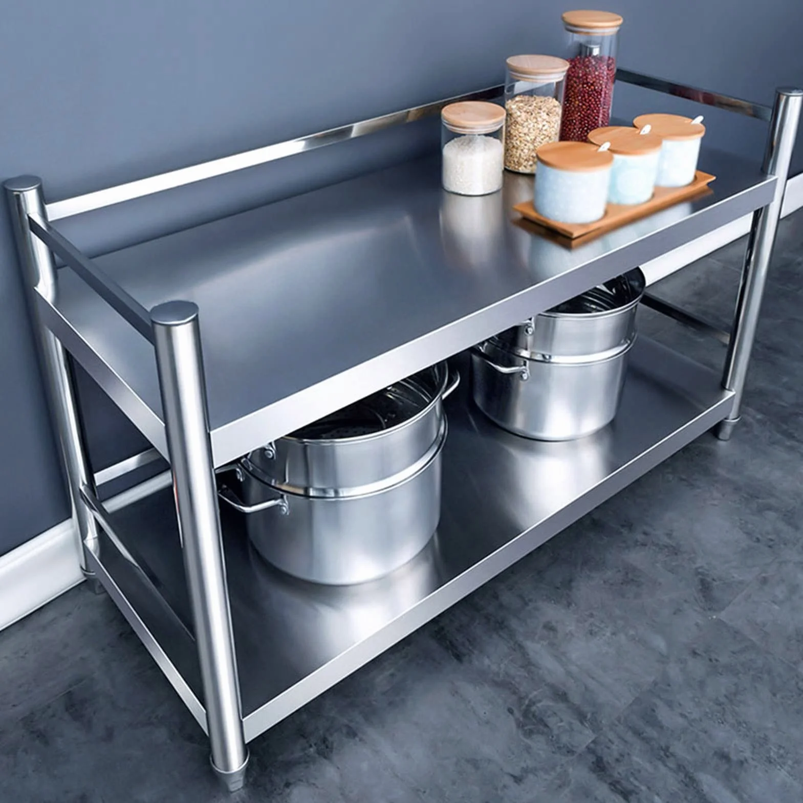Przemysłowy regał kuchenny z półkami ze stali nierdzewnej, 2-poziomowe, metalowe regały do garażu, łatwy w montażu, srebrny (100 x 50 x 60 cm)