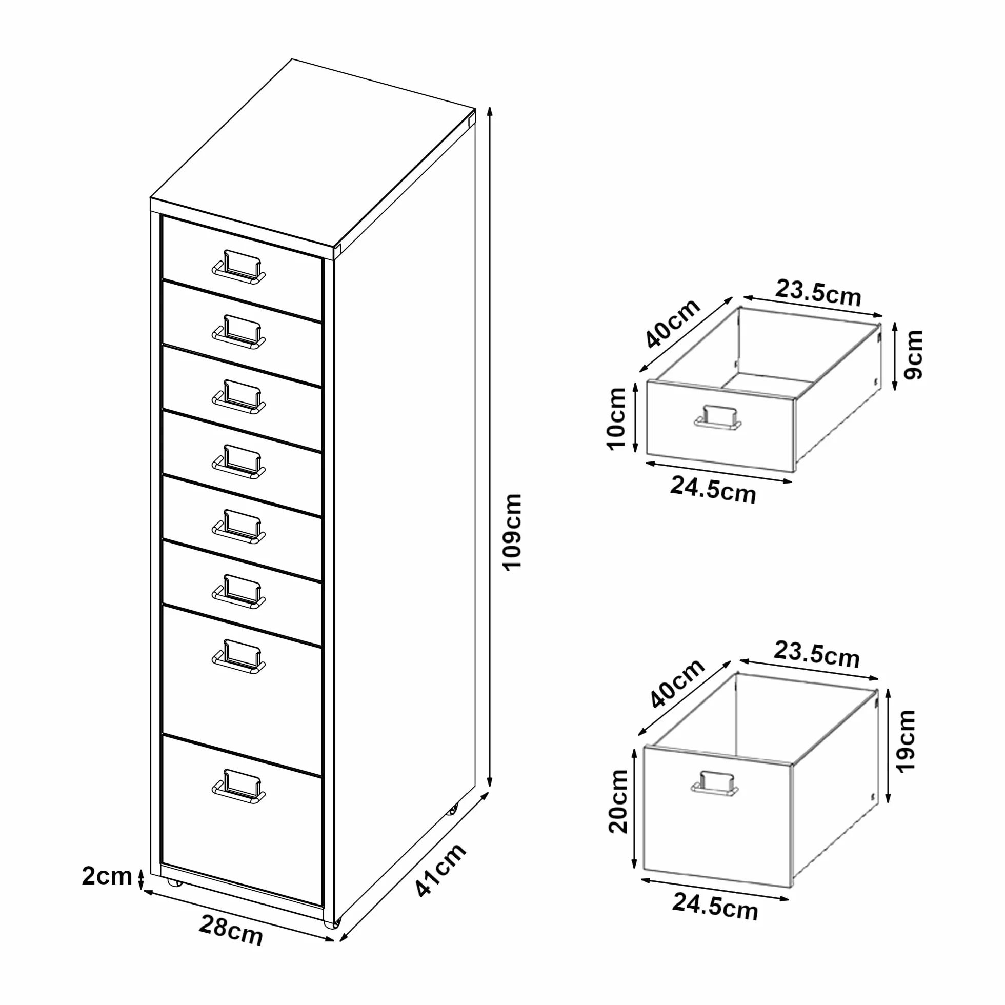 [en.casa] Kontener na kółkach Kökar szafka z metalowymi szufladami do dokumentów z 8 szufladami, wózek biurowy na rolkach do gabinetu 109 x 28 x 41 cm, kolor mintowy