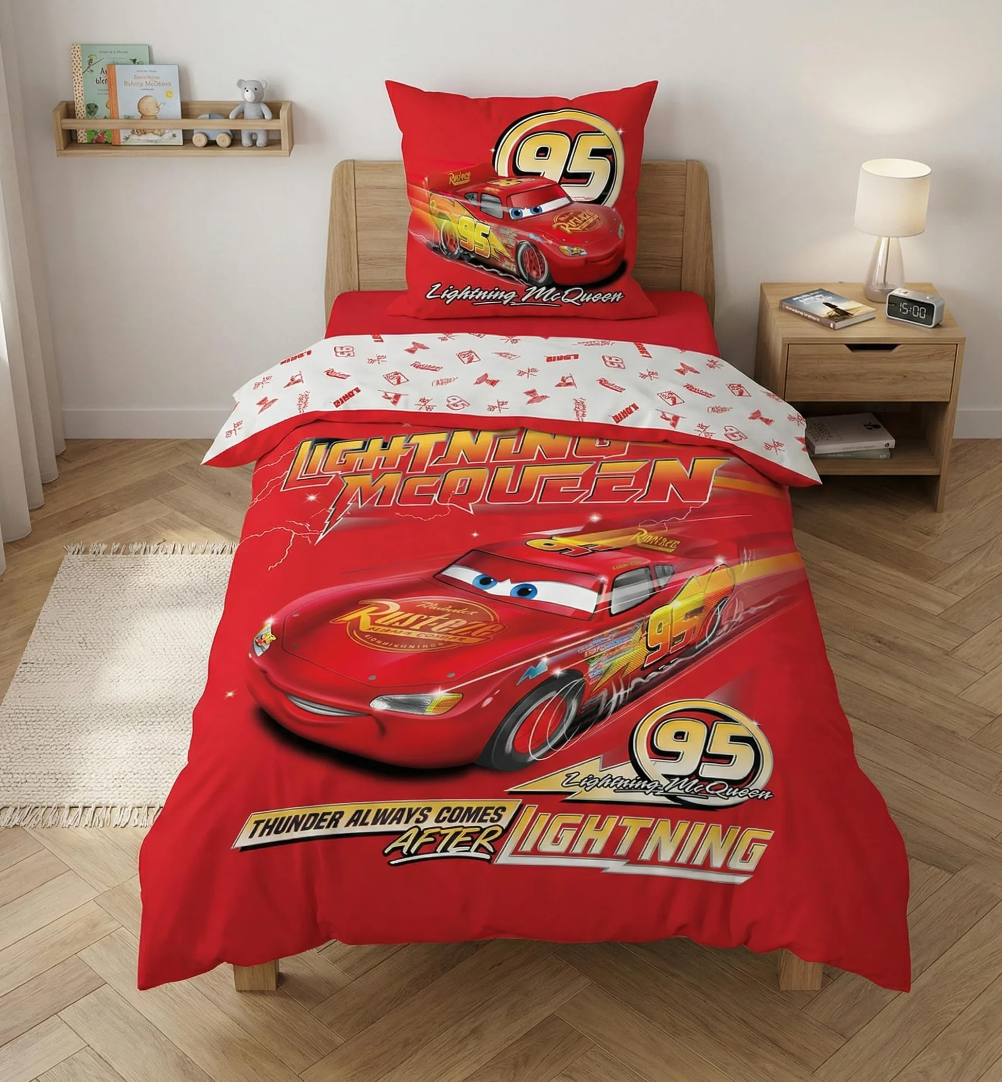 Disney Zestaw pościeli dziecięcej Lightning McQueen - dwustronna poszwa na kołdrę 140 x 200 cm + poszewka na poduszkę 65 x 65 cm - 100% bawełna