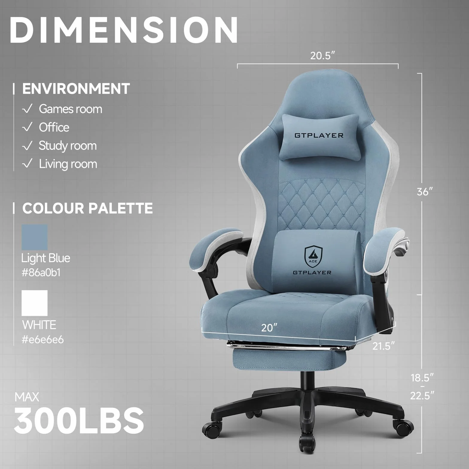 GTPLAYER Fotel gamingowy, ergonomiczny fotel gamingowy, krzesło do biurka z powierzchnią z materiału, poduszka sprężynowa, podłokietniki łączące i podnóżek, jasnoniebieski