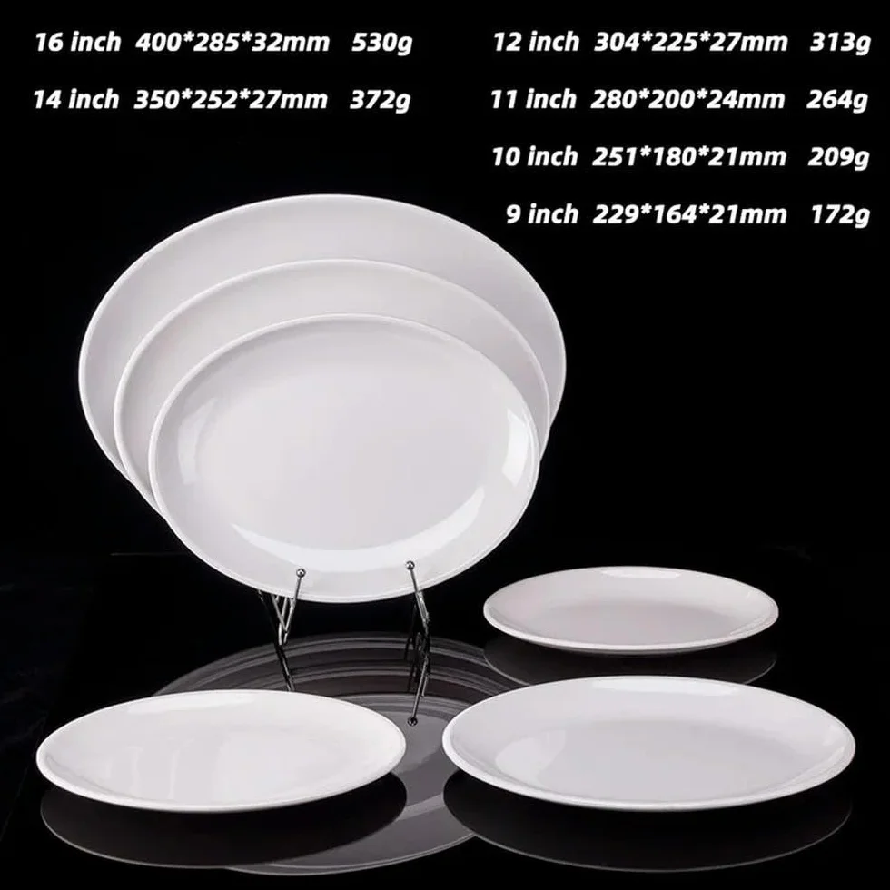 Zestaw owalnych białych talerzy melaminowych – 23-35 cm imitacja porcelany zastawa obiadowa trwałe płaskie tace na steky do kuchni i hotelu jadalni elegancka zastawa stołowa