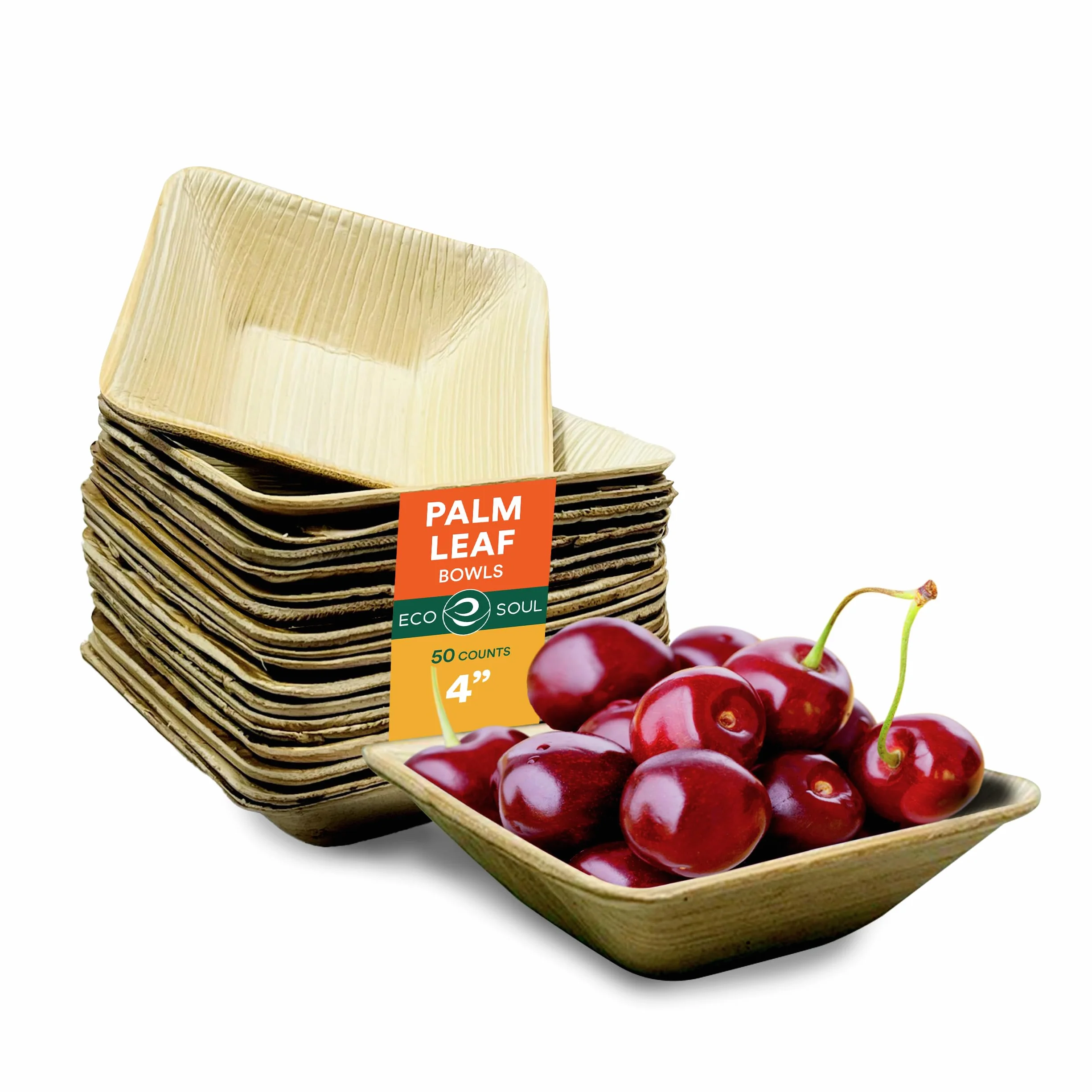 ECO SOUL W 100% kompostowalne małe 10 cm 140 ml kwadratowe miski z liści palmowych [50 sztuk] jednorazowe miski deserowe w stylu bambusowym I wytrzymała, ekologiczna, solidna miska, biodegradowalne