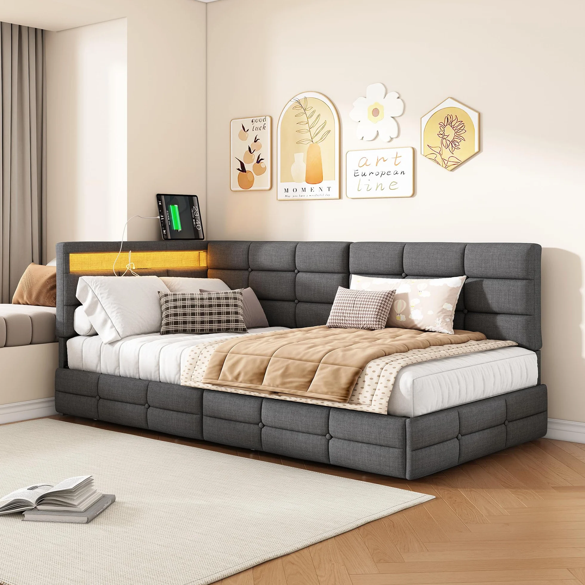 Łóżko 90 x 200 cm, z miejscem do przechowywania, tapicerowane, młodzieżowe, 90 x 200 cm, z diodami LED i USB, sofa z szufladami, pojedyncze łóżko dzienne ze stelażem, łóżko narożne, len, szare