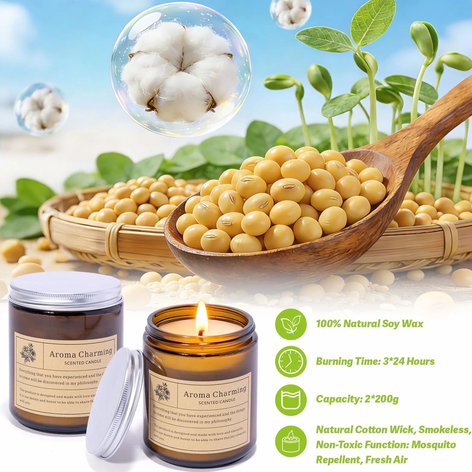 Świece z wosku sojowego z trawy cytrynowej, 200 g, 100% naturalne, do ogrodu, na kemping, balkon, piknik, taras, do dekoracji, 2 szt