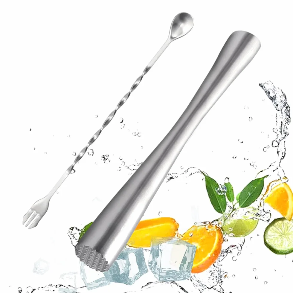 Tłuczek do koktajli, ze stali nierdzewnej, mojito, z miksowaniem koktajli, łyżką, młotkiem do robienia koktajli, mojito, soków, długość 26 cm (srebrny)