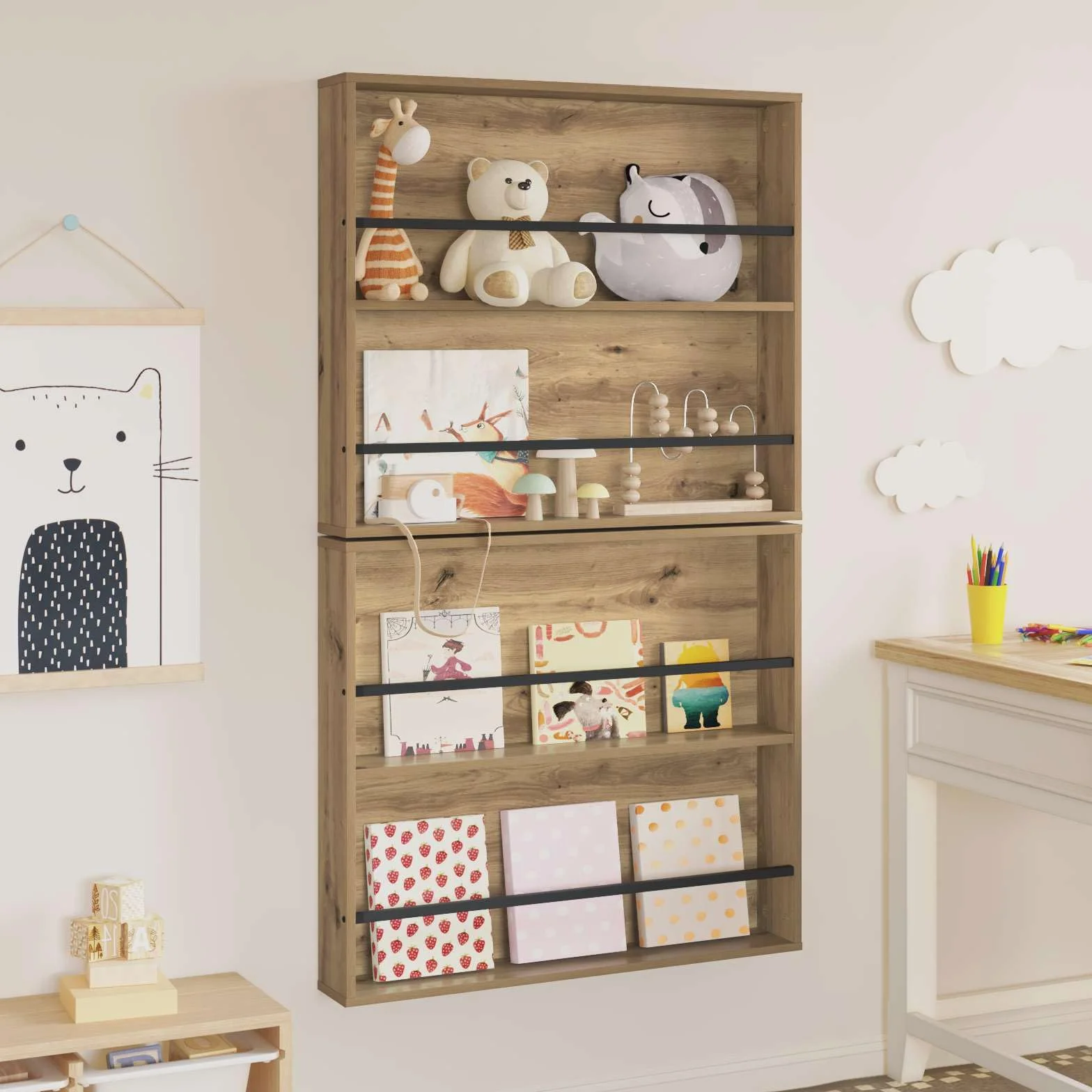Générique Nowoczesny stojak na czasopisma ścienne z drewna inżynieryjnego 80x12x70 cm, designerski regał na czasopisma z regulowanym schowkiem do salonu lub biura