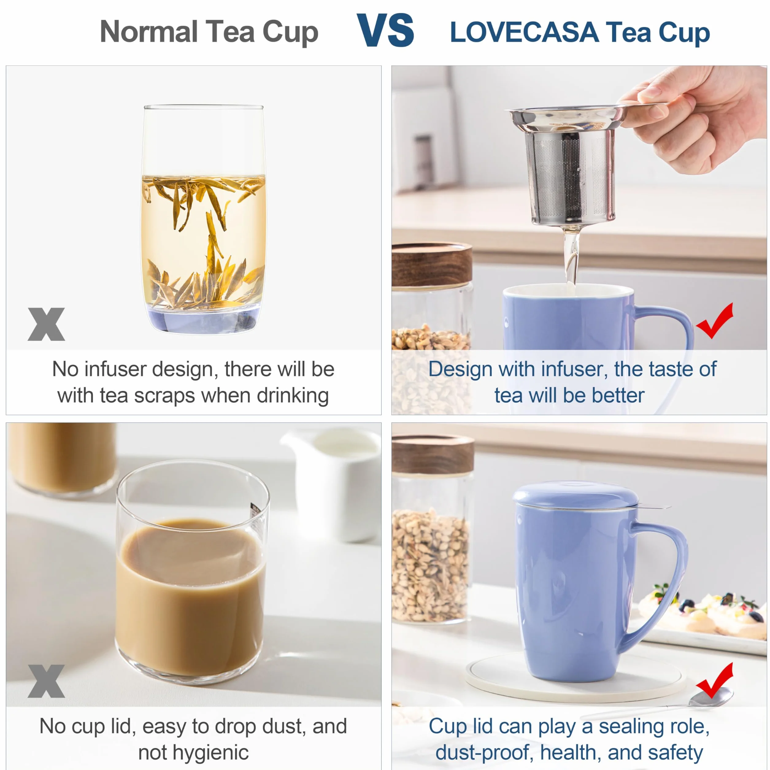LOVECASA Kubek do herbaty [450 ml], duży kubek do herbaty z pokrywką i zaparzaczem ze stali nierdzewnej - idealny zestaw do biura i użytku domowego, niebieski