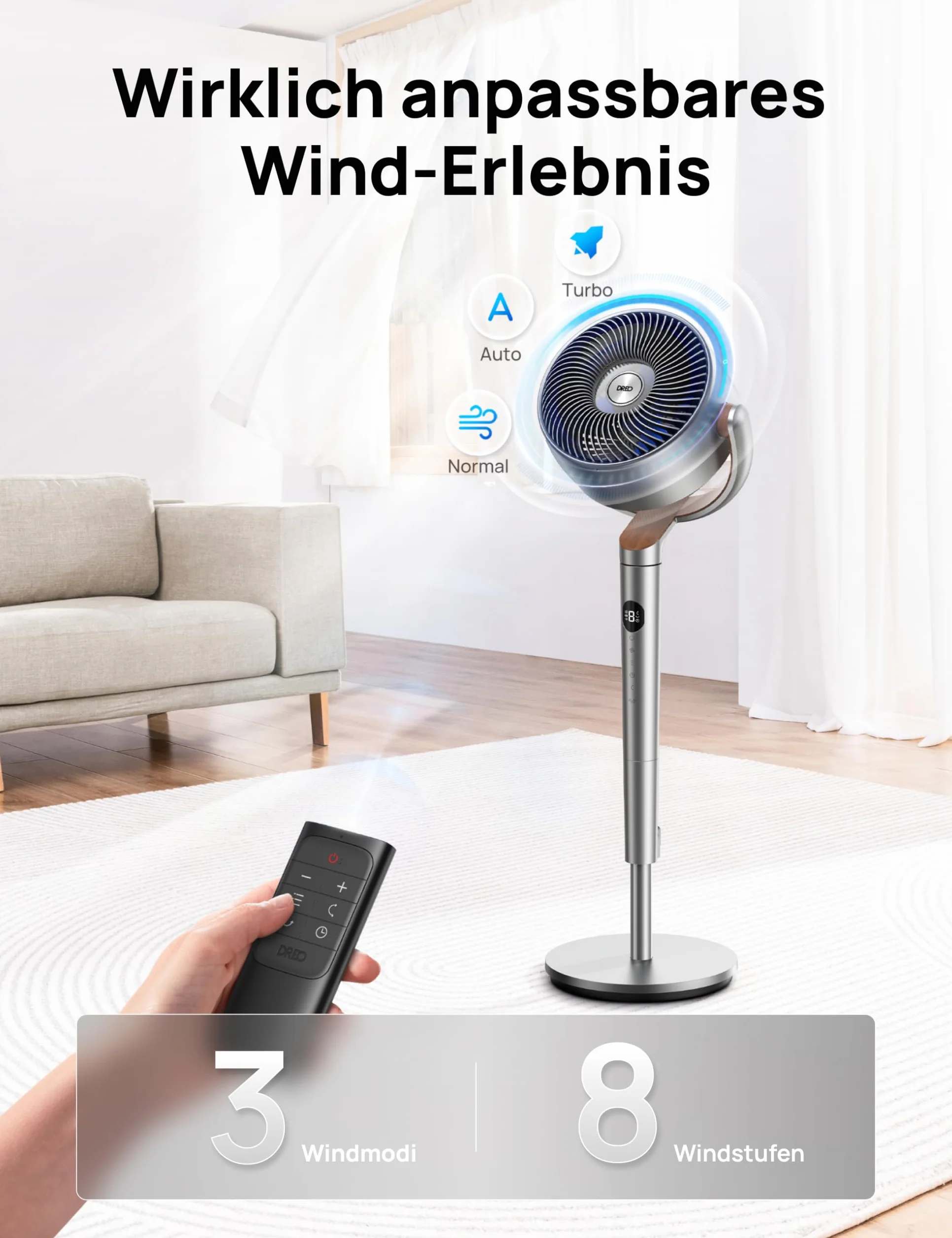 Dreo Cichy wentylator stojący 23 dB, wielokierunkowy wentylator oscylujący 120°+120°, odległość wiatru 24 m, objętość powietrza 1200 m³/h, prawdziwy turbo cyrkulator powietrza, wysokość 102 cm, 3