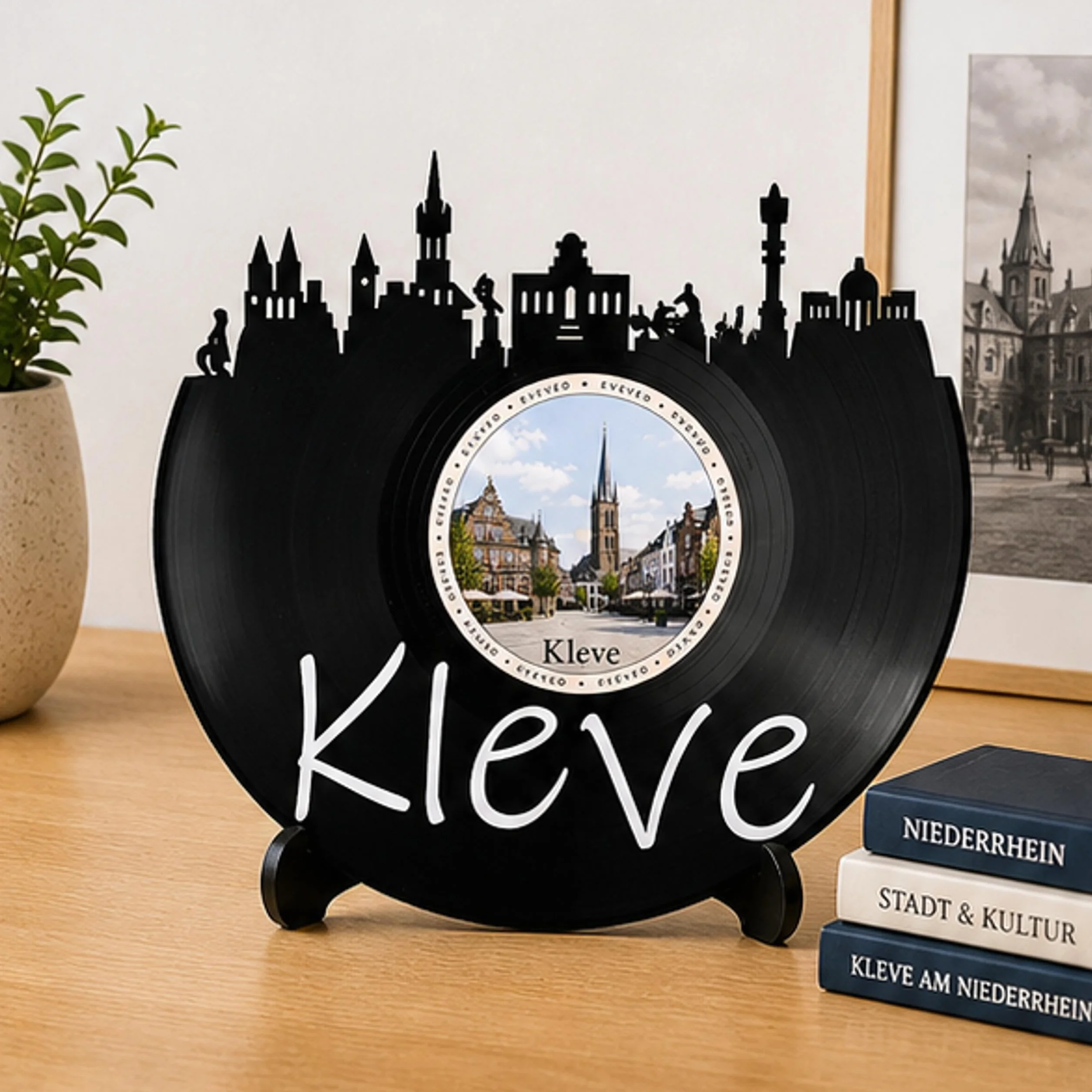 EVEVO Dekoracja ścienna z płyty gramofonowej Kleve – winylowa sztuka ścienna Niederrhein Skyline, prezent dla fanów Kleve, Schwanenburg Heimat-Labienburg D0028