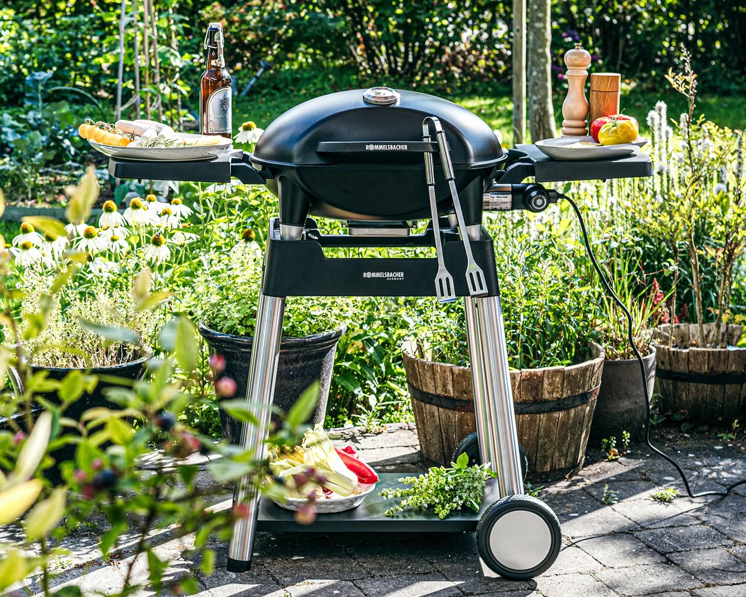 ROMMELSBACHER Barbecue BBQ 4100/S, 2-częściowy ruszt do grillowania z żeliwa, pokrywa na zawiasach ze wskaźnikiem temperatury, temperatury do 300°C, bezstopniowa regulacja, w zestawie z wózkiem