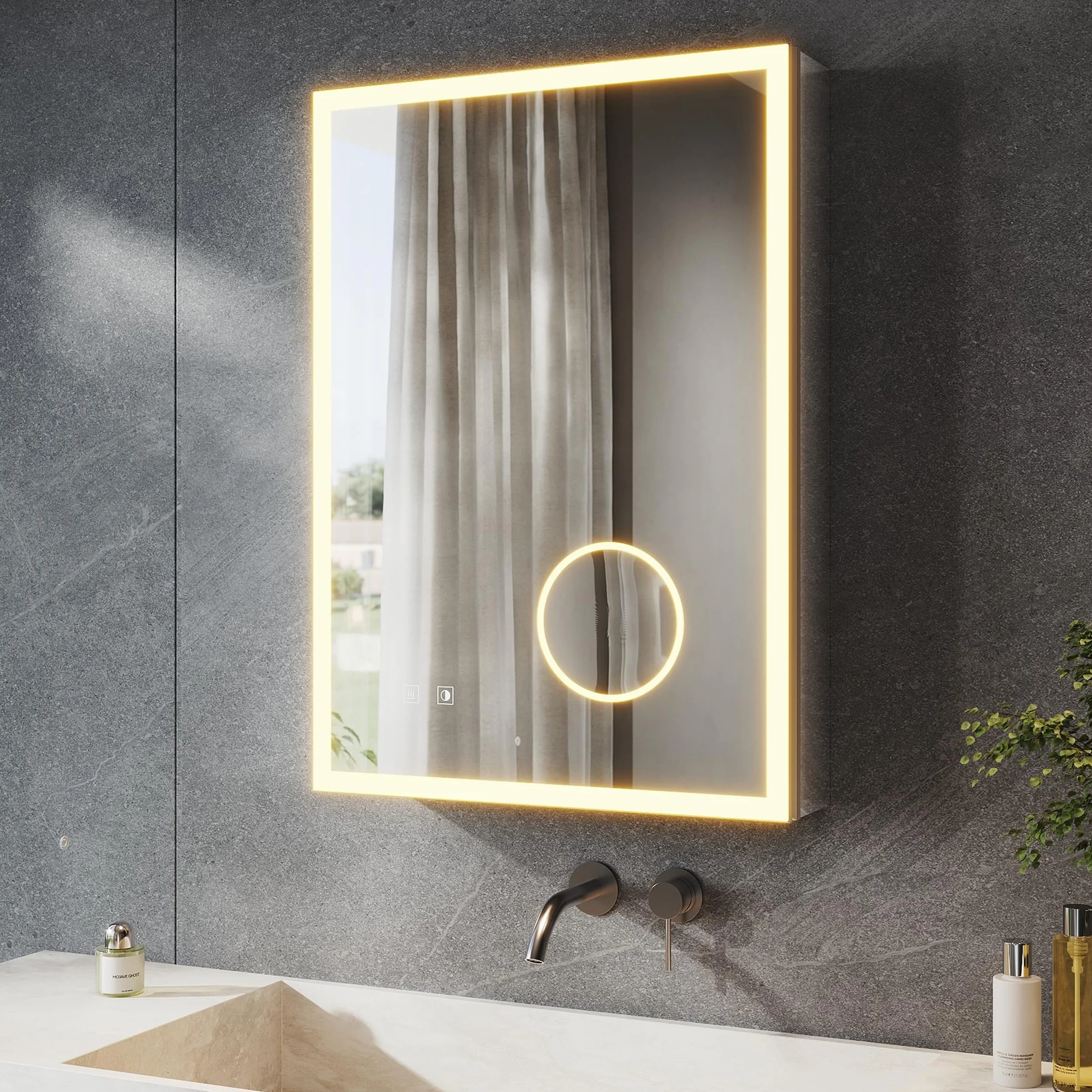 SONNI Szafka łazienkowa z lustrem LED z 3-krotnym powiększeniem i gniazdkiem 70 x 50 cm, aluminiowa szafka z lustrem z włącznikiem dotykowym, 3 kolory światła + defogging, IP44 wodoodporna