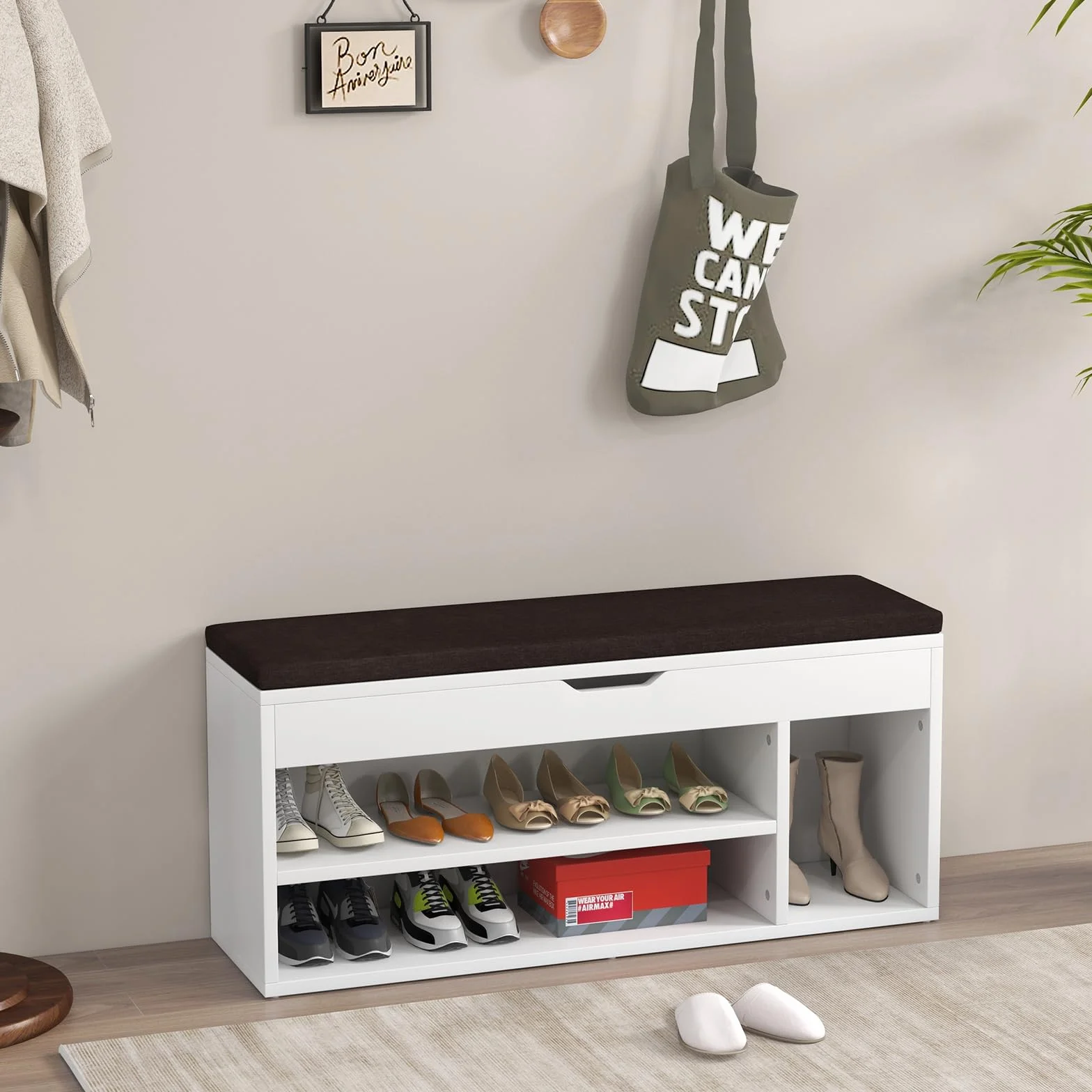 COSTWAY Ławka na buty z siedziskiem i miejscem do przechowywania, 104 x 30 x 48 cm, regał garderobiany, regał na buty, składana szafka na buty, ławka ze stojakiem, poduszka do siedzenia (biały)