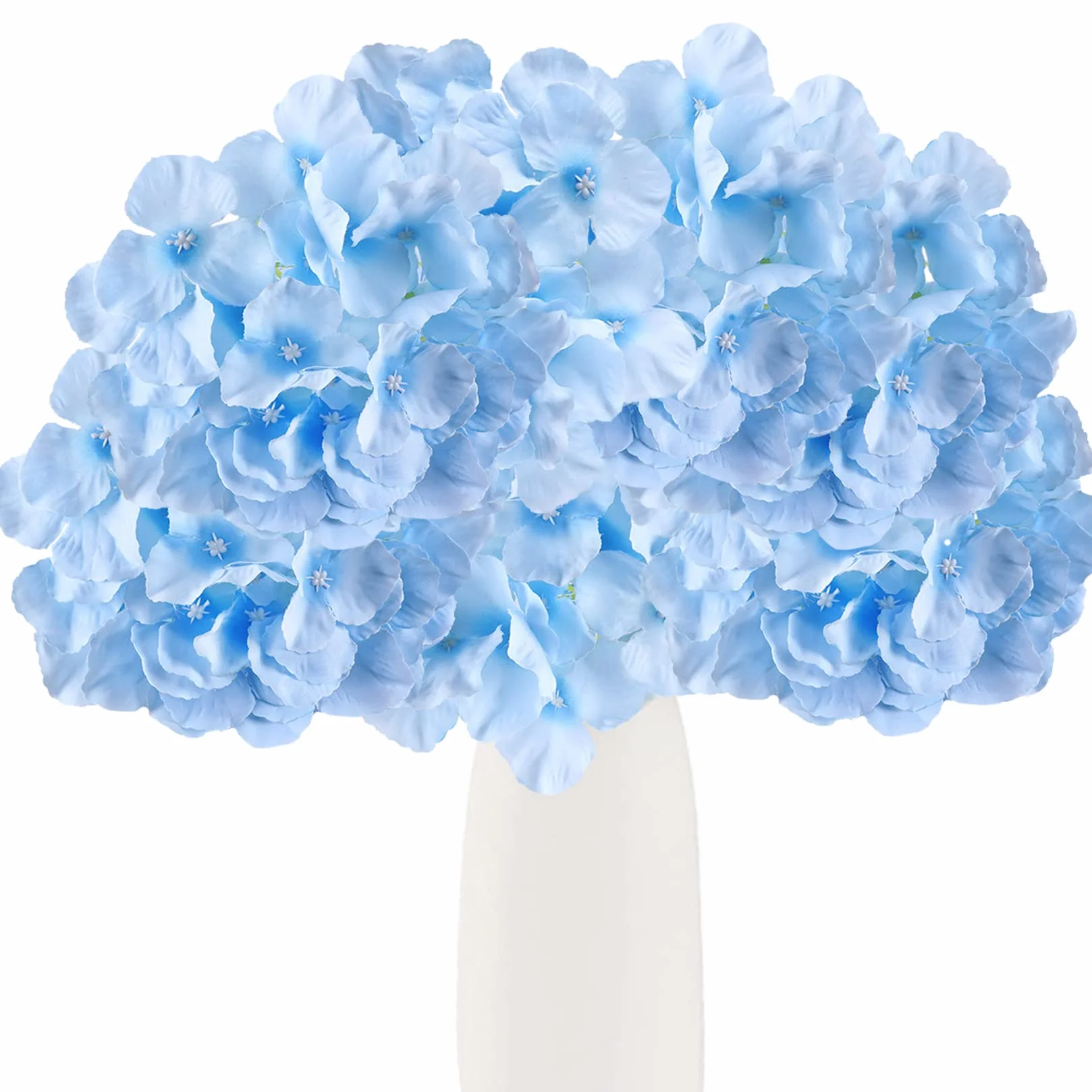 HinyoCo Jedwabne kwiaty hortensji, sztuczne kwiaty, 18 cm, głowa hortensji z łodygą, używane do dekoracji domu, na wesele, przyjęcie, jasnoniebieskie, 28 szt