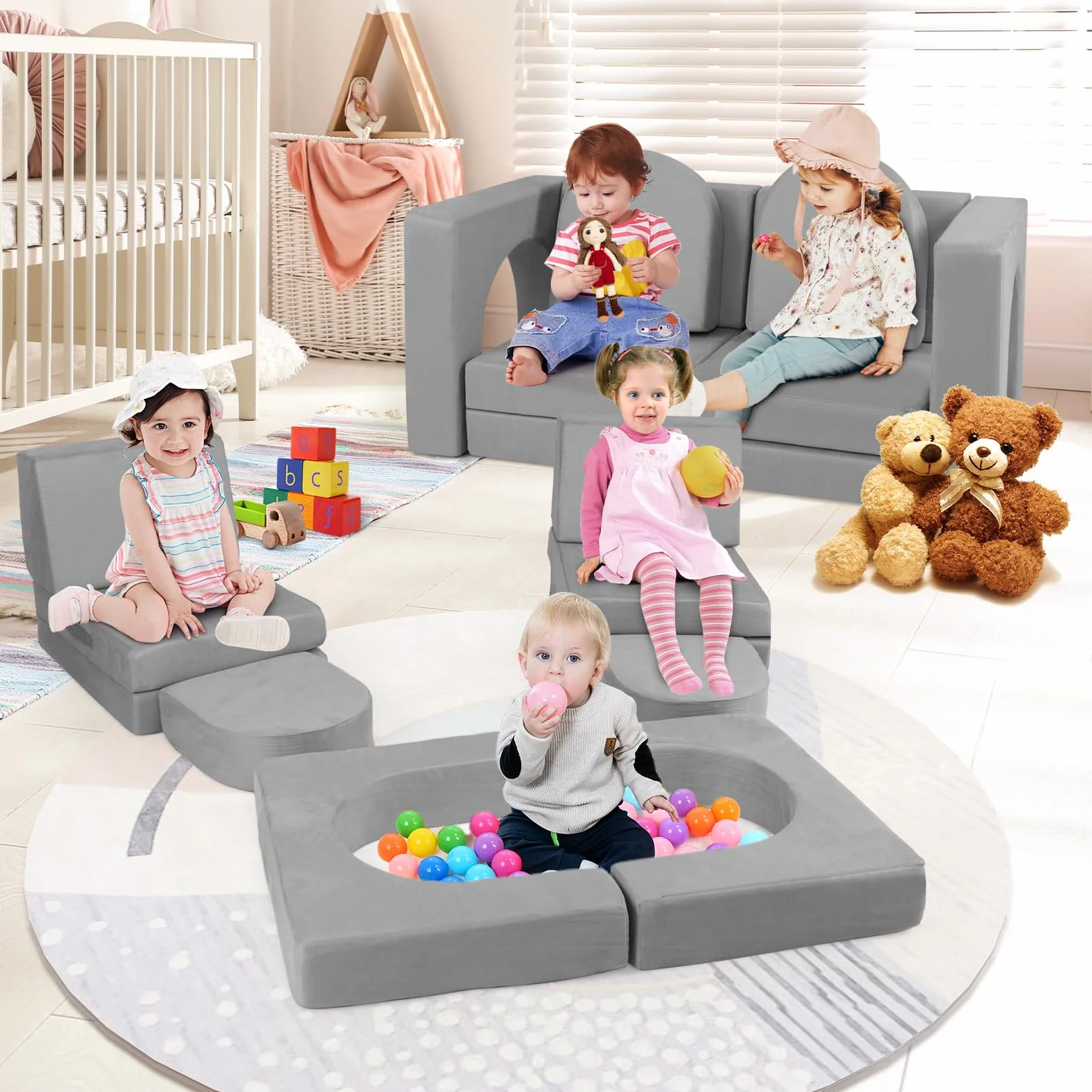 COSTWAY Sofa dziecięca 8-częściowa, sofa do zabawy z pianki z klocków z wygodnego zamszu, modułowa sofa do zabawy dla dzieci (szara)