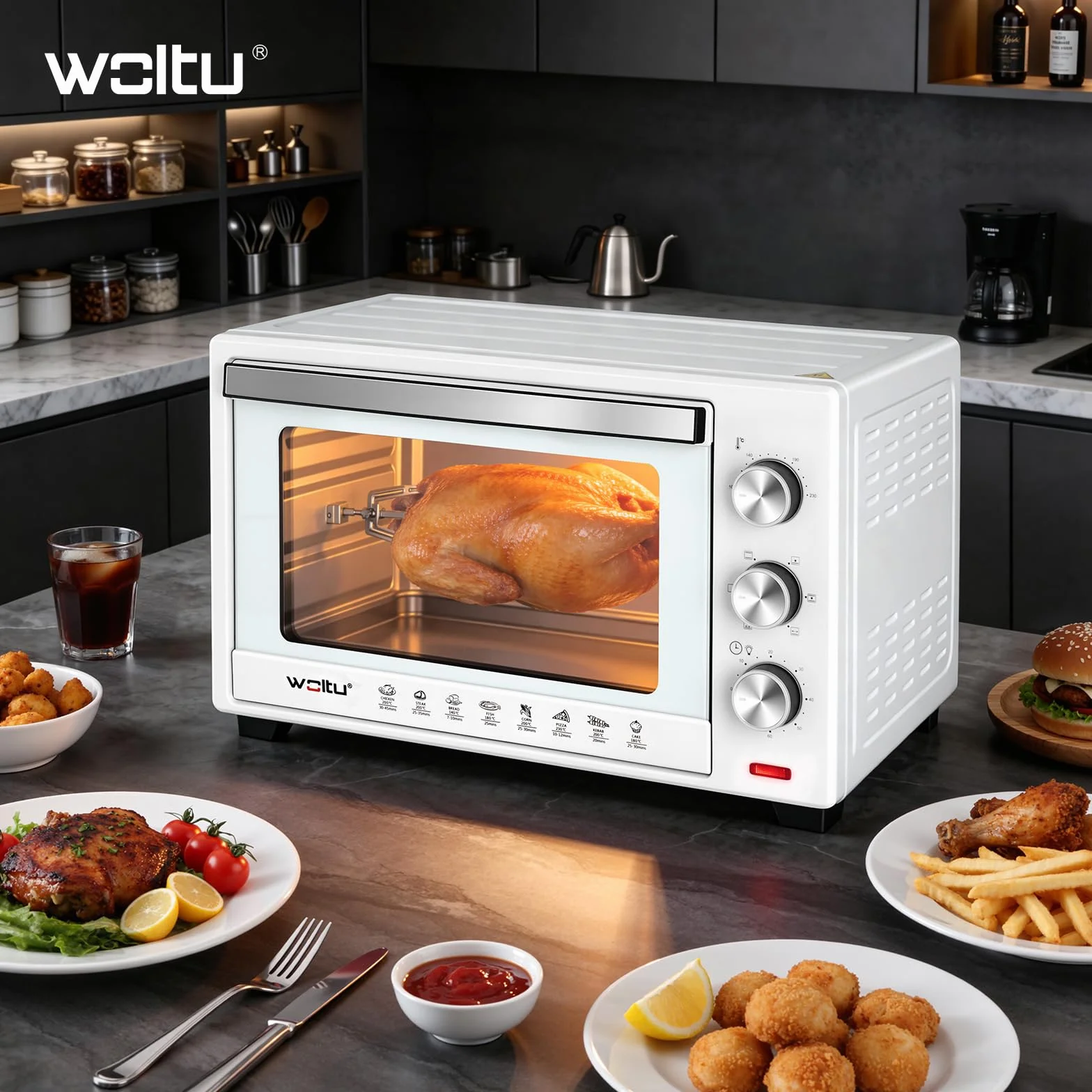 WOLTU mini piekarnik 32 litry, toster 1600 Watt | Piec do pizzy | Wyjmowana tacka na okruchy z minipiekarnikiem z timerem do pizzy, tostów, indyka, hot-dogów, biała
