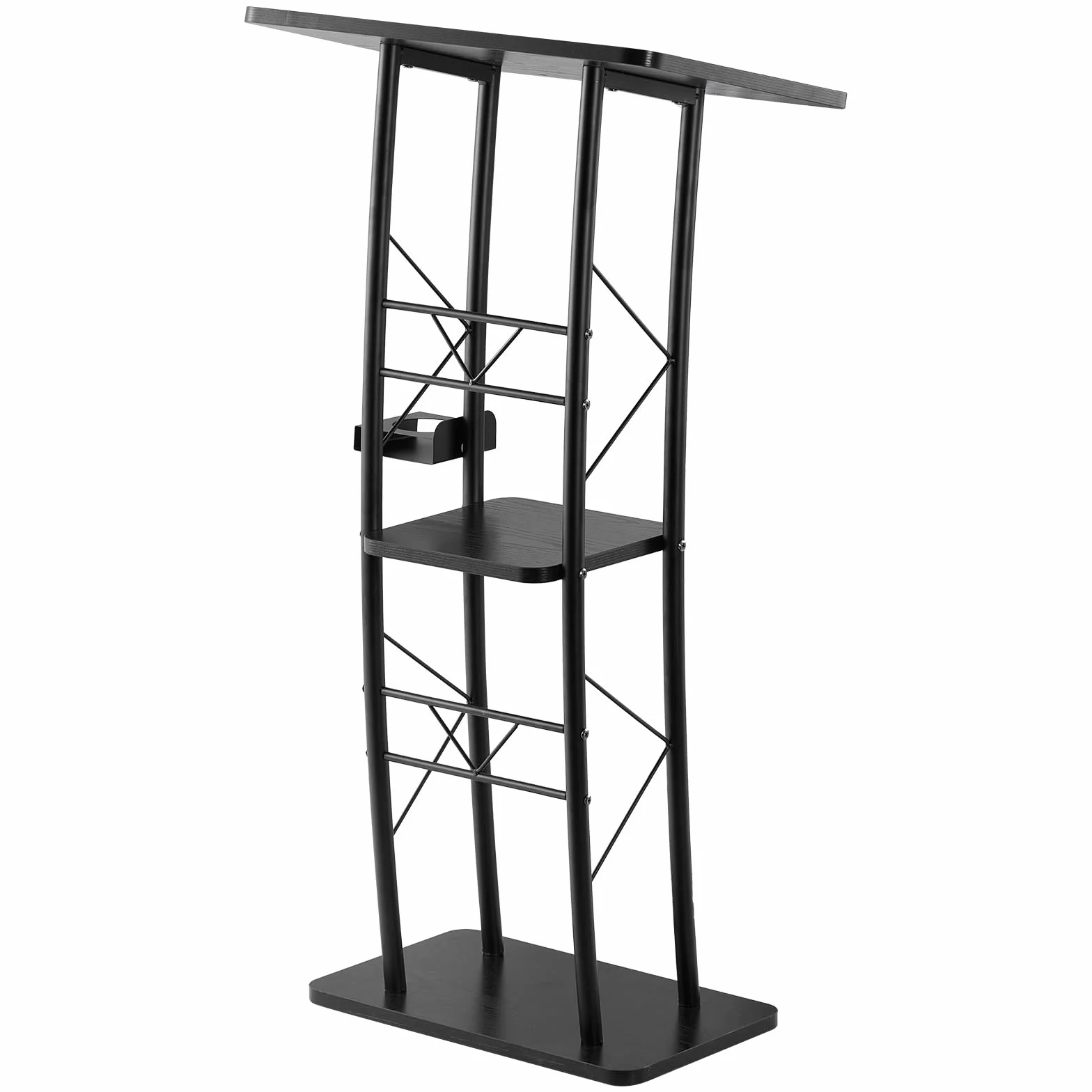 VEVOR Stojak na podium, metalowy mówca, zakrzywiony stojak stojący z szeroką powierzchnią do czytania, otwarta przegródka na książki, uchwyt na kubki, do klasy, na wesele, konferencję, przemówienie i