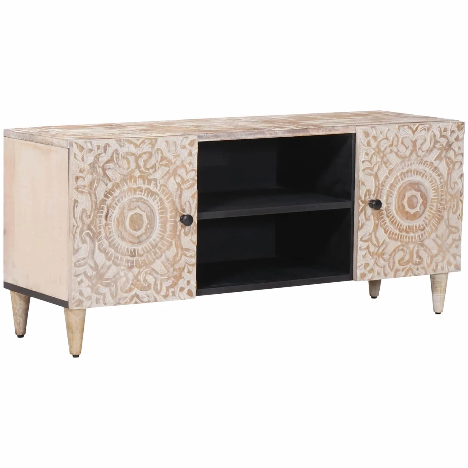 Szafka TV biała z litego drewna mango, 105 x 33,5 x 46 cm, z miejscem do przechowywania i półką do salonu, kina domowego, telewizora, odbiornika, konsoli do gier i akcesoriów
