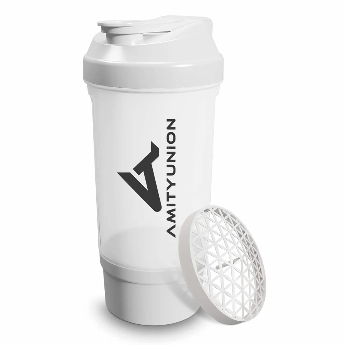 Shaker proteinowy FYRA 700 ml z pojemnikiem - shaker proteinowy bez BPA z sitkiem i skalą do shake'ów serwatkowych i BCCA, siłownia kubek fitness izolat dieta sport, (Biały)