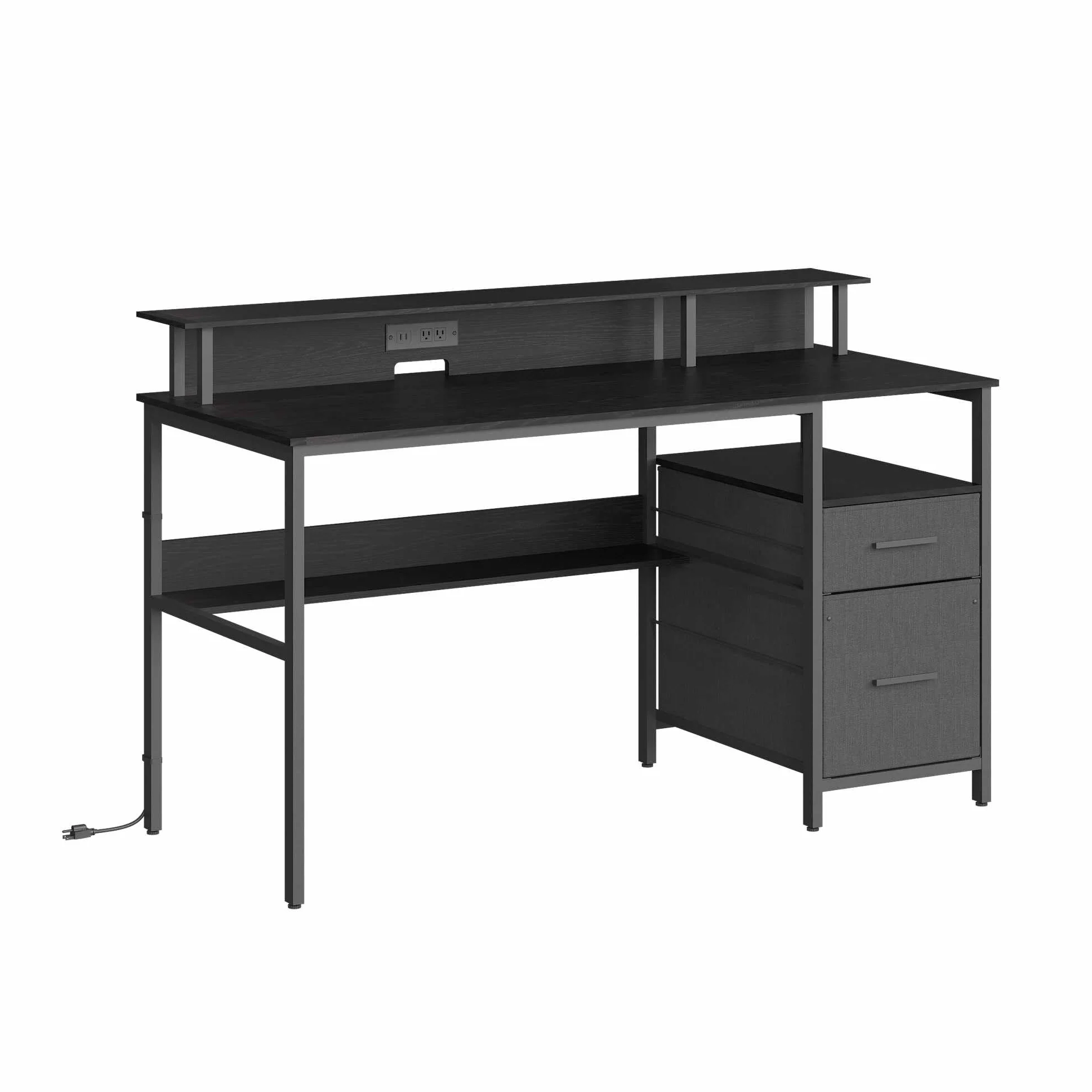 VASAGLE Biurko do gier z szufladami z tkaniny, stół komputerowy ze stojakiem na ekran, listwa zasilająca, 2 porty USB, do domowego biura, 140 x 60 cm, czarny drewno LWD094B56V1