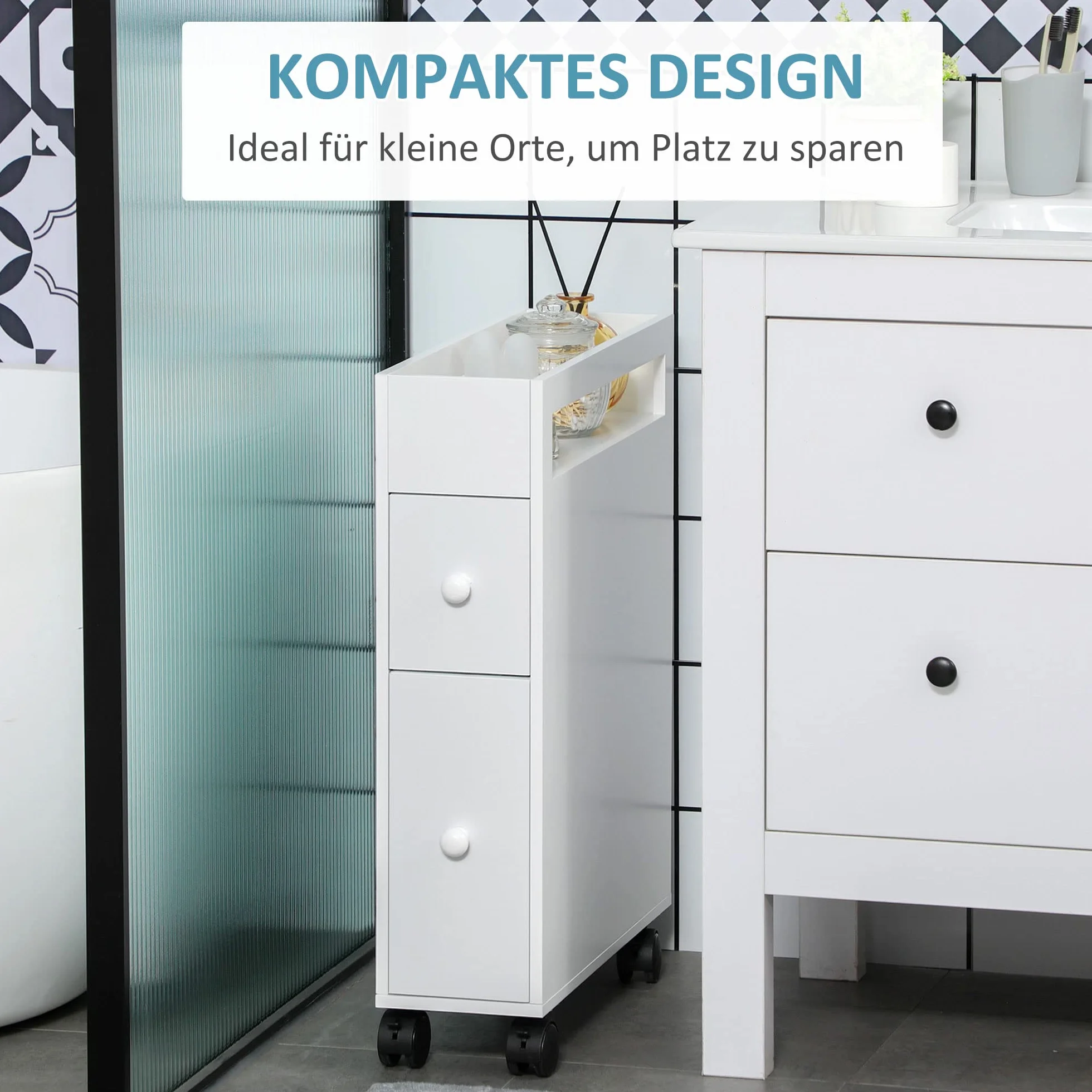 HOMCOM Szafka łazienkowa, wąska szafka wnękowa z szufladą na kółkach, szafka łazienkowa, szafka toaletowa, szafka pomocnicza do łazienki, małych pomieszczeń, 16 x 49,5 x 66 cm, biała