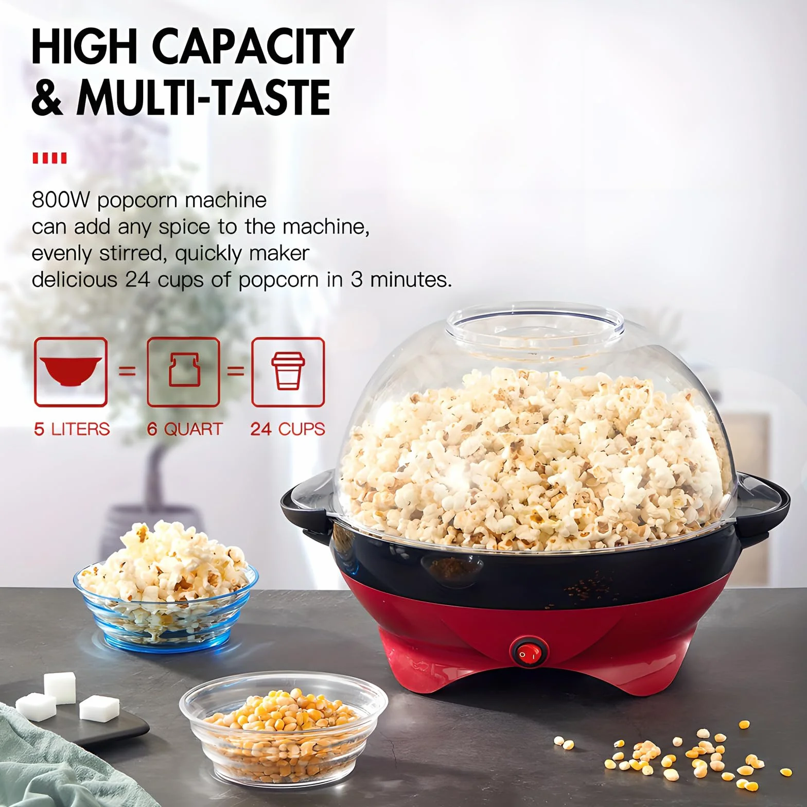 Maszyna do popcornu, 5L Popcorn Popper, nieprzywierająca płyta, maszyna do popcornu, elektryczne mieszanie z technologią Quick-Heat, uchwyty Cool Touch, domowe przekąski na wieczory filmowe