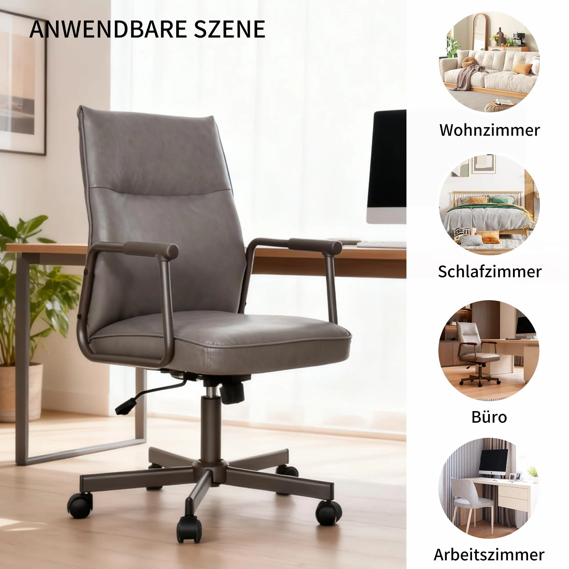 Duhome Krzesło biurowe, obrotowe o 360 stopni, regulacja wysokości, materiał PCW, krzesło komputerowe, do biura, salonu, sypialni, szare