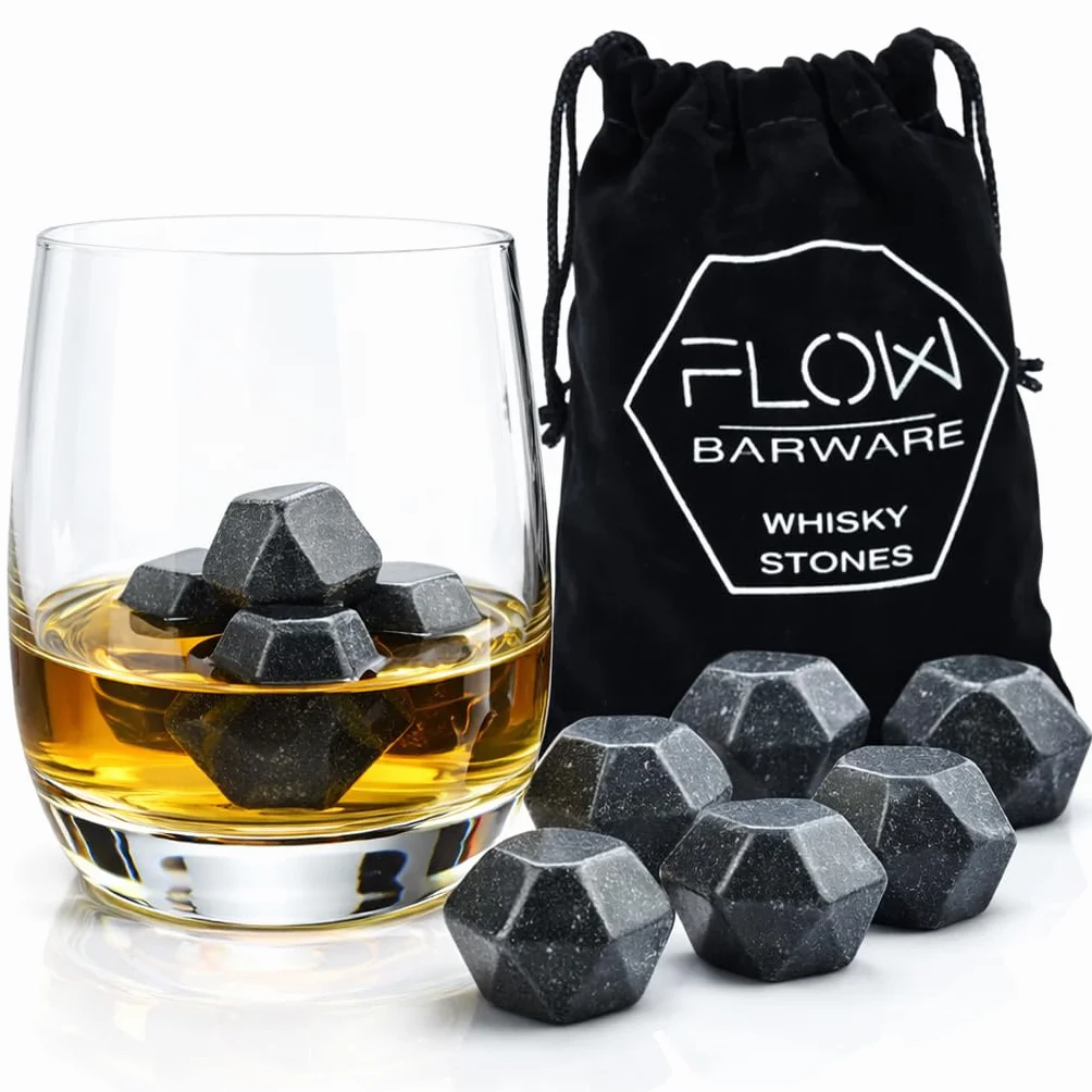 FLOW Barware Kostki do whisky | Polerowane kostki do whisky w kształcie diamentu | Zestaw 9 kostek do whisky w prezencie dla mężczyzn, taty, na Dzień Ojca | Zachowaj chłodne i nierozcieńczone rum i