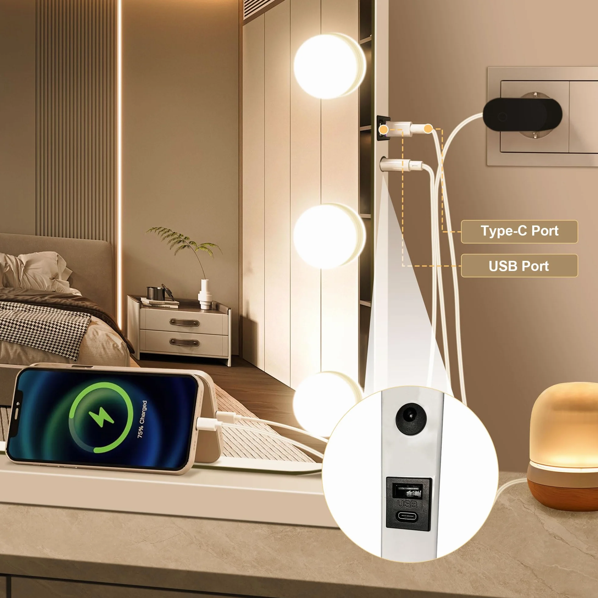 Lustro Hollywood 80 x 60 cm Z Bluetooth Z 19 lampkami LED, lustro do makijażu z wyjściem USB i 5-krotnym powiększeniem, lustro kosmetyczne Bluetooth, 3 temperatury barw światła, ekran dotykowy