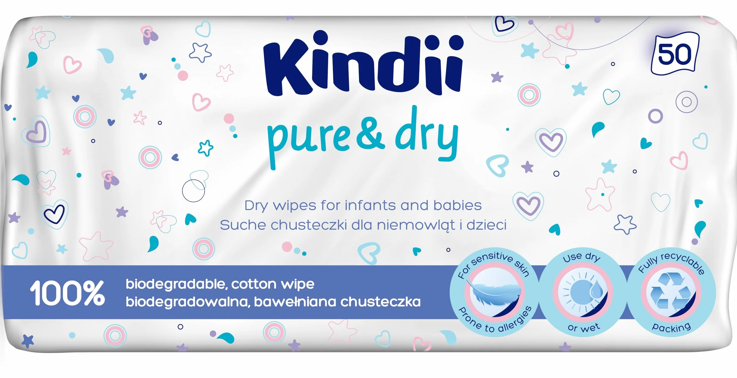 Kindii Pure&Dry Suche Chusteczki dla niemowląt - Baby Essentials - Jednorazowy ręcznik do twarzy - Chusteczki dla niemowląt luzem - Akcesoria dla niemowląt - Wielofunkcyjne - 100% bawełna - 20 x 20 cm