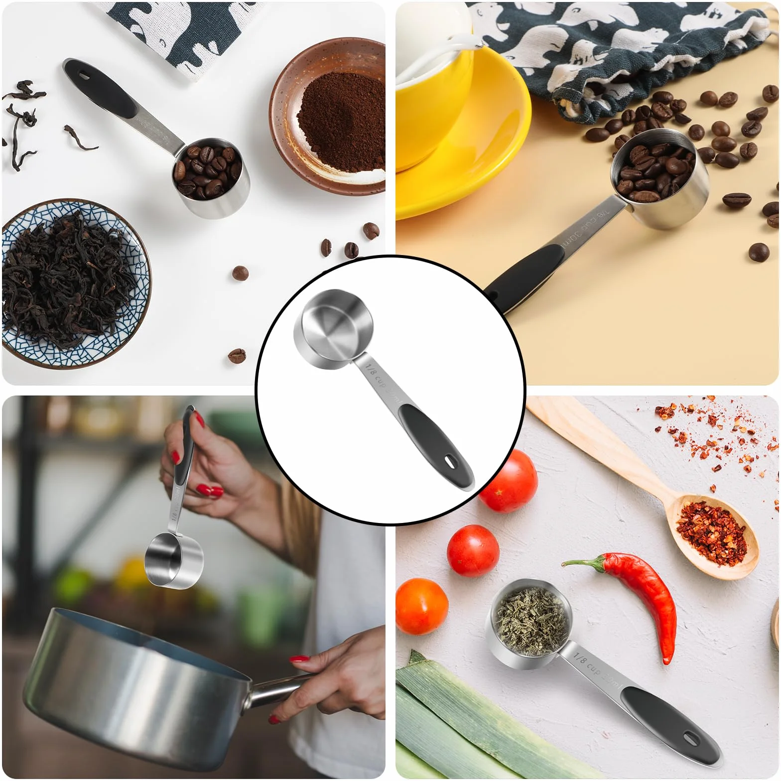 Sibba Miarka do Kawy 30 ml Ze Stali Nierdzewnej - Metalowa Łyżka z Długą Rączką i Czarnym Silikonowym Uchwytem - Przenośne Narzędzie Pomiarowe do Kuchni