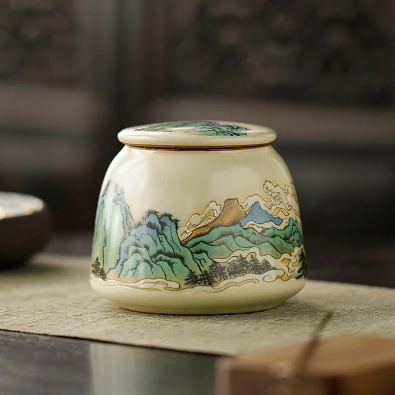 Pojemniki na herbatę na herbatę sypką Beżowy ceramiczny pojemnik na herbatę Ru Kiln, mały rozmiar, zielony Pu'er, czerwony i liście, zamknięte kadzidło w proszku