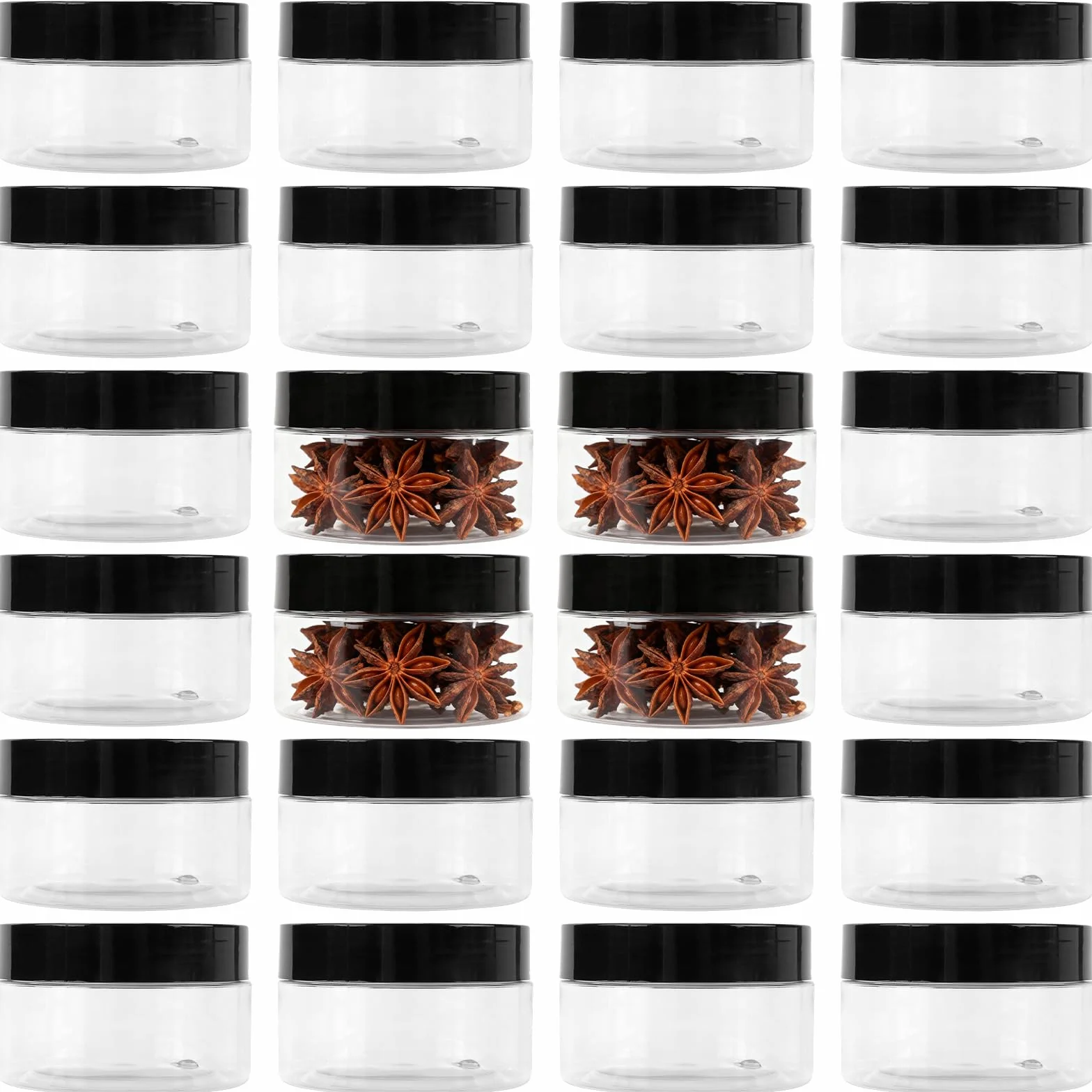 24 pojemniki na zapasy z tworzywa sztucznego PET, 100 ml, przezroczyste pojemniki z czarną pokrywką, 7,1 x 4,2 cm, hermetyczne pojemniki do przechowywania kosmetyków, słodyczy, przypraw