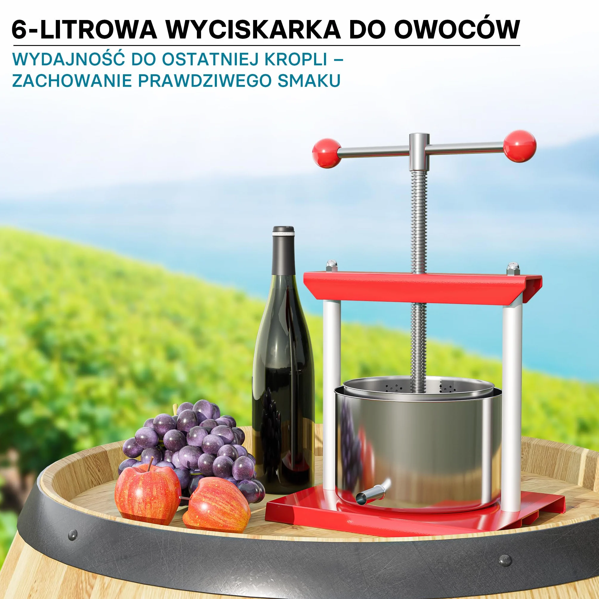 Wiltec Prasa do owoców 6 l, ręczna prasa do tłoczenia soków, wina i oleju ze stali nierdzewnej, prasa śrubowa do jabłek, jagód, serów i ziół