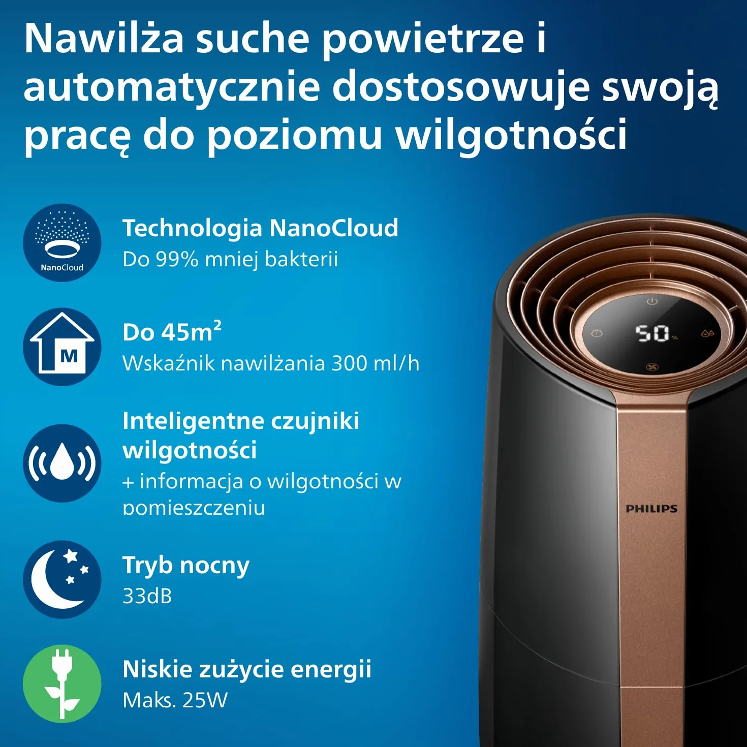 Philips Nawilżacz ewaporacyjny Serii 3000, 45 m², 99,97% mniej bakterii z NanoCloud, 300 ml/h, 3 prędkości, tryb nocny, ultracichy (33 dB), czujnik wilgotności, timer, zbiornik 3L, czarny (HU3918/10)