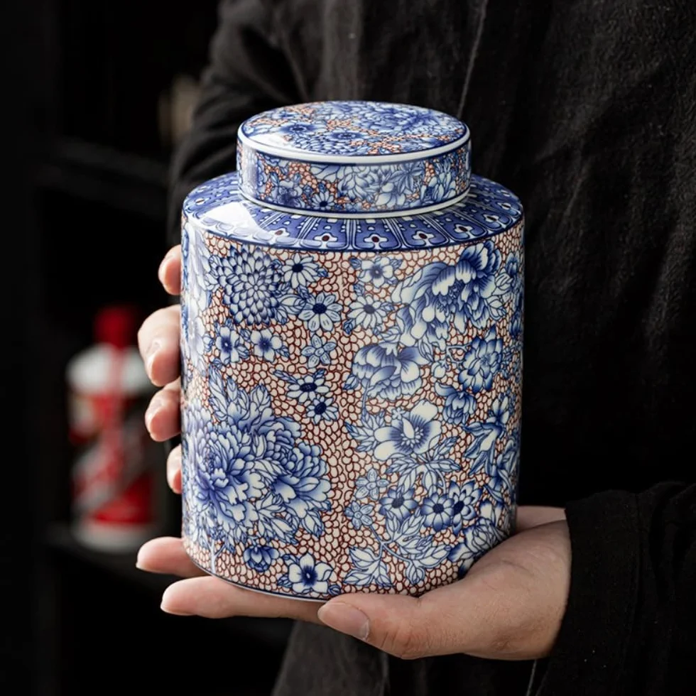LYGSWDB Pojemnik na herbatę Pojemnik do przechowywania herbaty Jar Ceramiczny szczelnie zamknię słoik Retro Niebiesko-biały porcelanowy zestaw do herbaty Pojedynczy słoik/podwójny słoik Zestaw