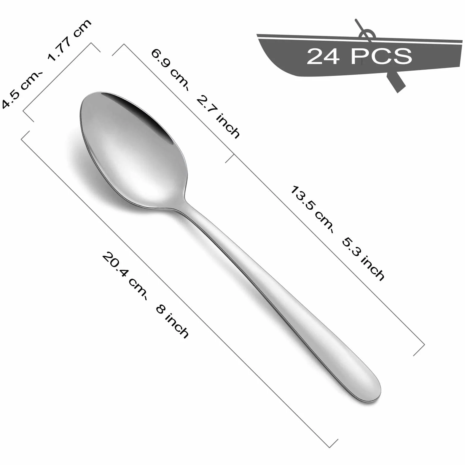 BEWOS Zestaw 24 łyżek do zupy, 20,4 cm, łyżki stołowe ze stali nierdzewnej, polerowane na lustro, nadają się do mycia w zmywarce, srebrne łyżki do domu, kuchni lub restauracji