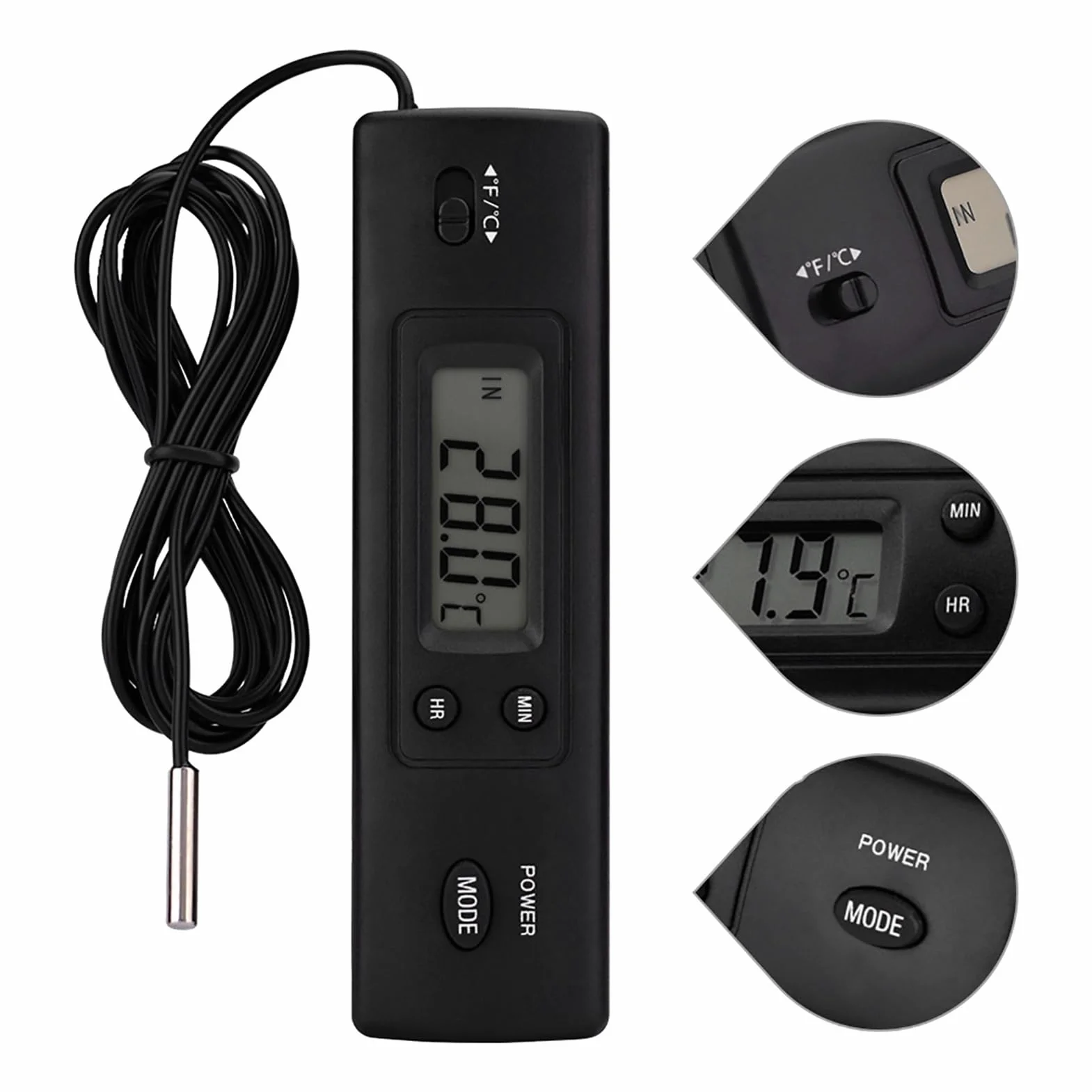 Elektroniczny termometr, optyczny cyfrowy miernik temperatury LCD z podwójną sondą pomiarową do użytku wewnątrz i na zewnątrz, do lodówek, klimatyzacji, zamrażarek, akwariów