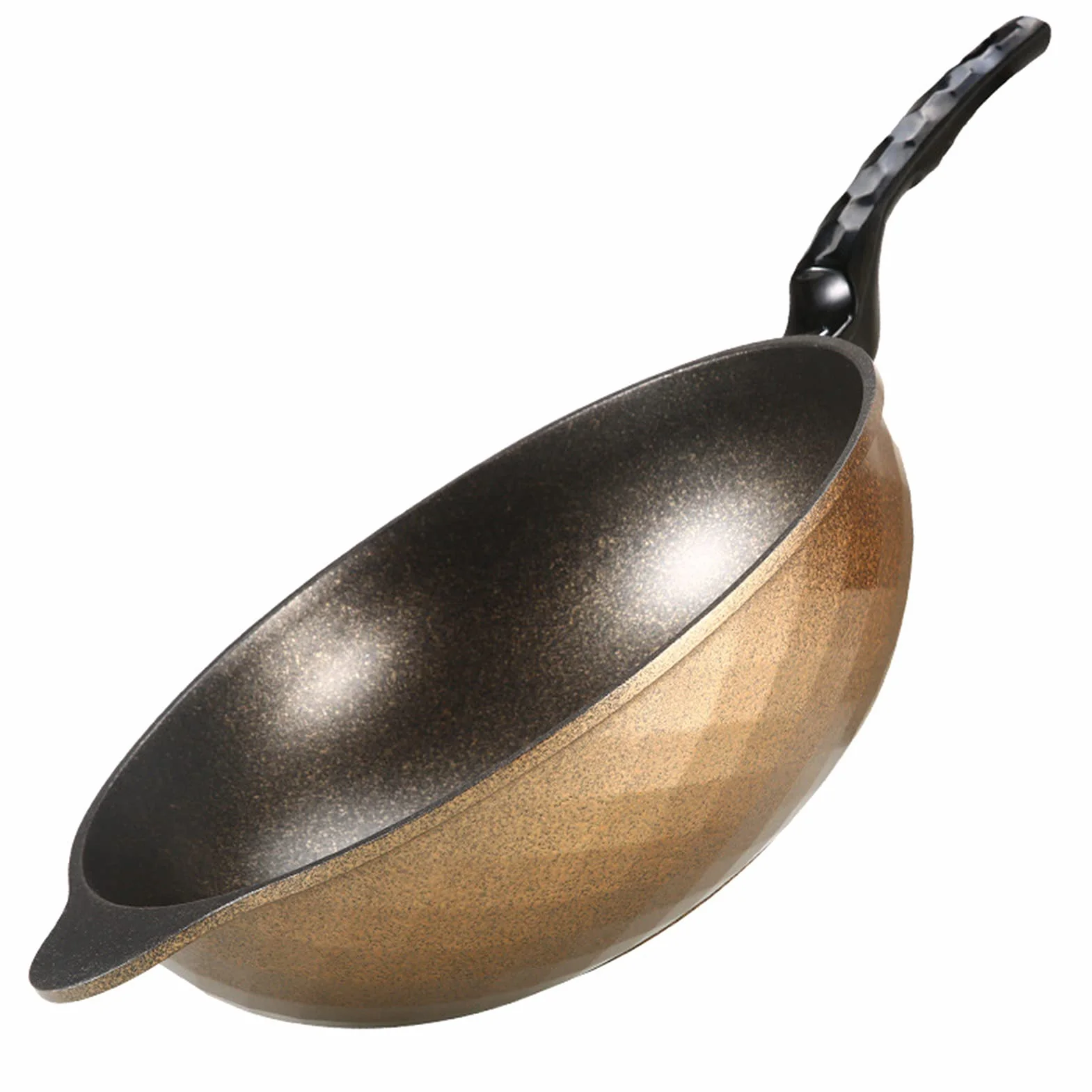 Patelnia woka, nieprzywierająca patelnia indukcyjna z pokrywką, patelnia do mieszania z kutego odlewu aluminiowego, 3-warstwowa powłoka zapobiegająca przywieraniu bez PFOA, granit (złota 30 cm)