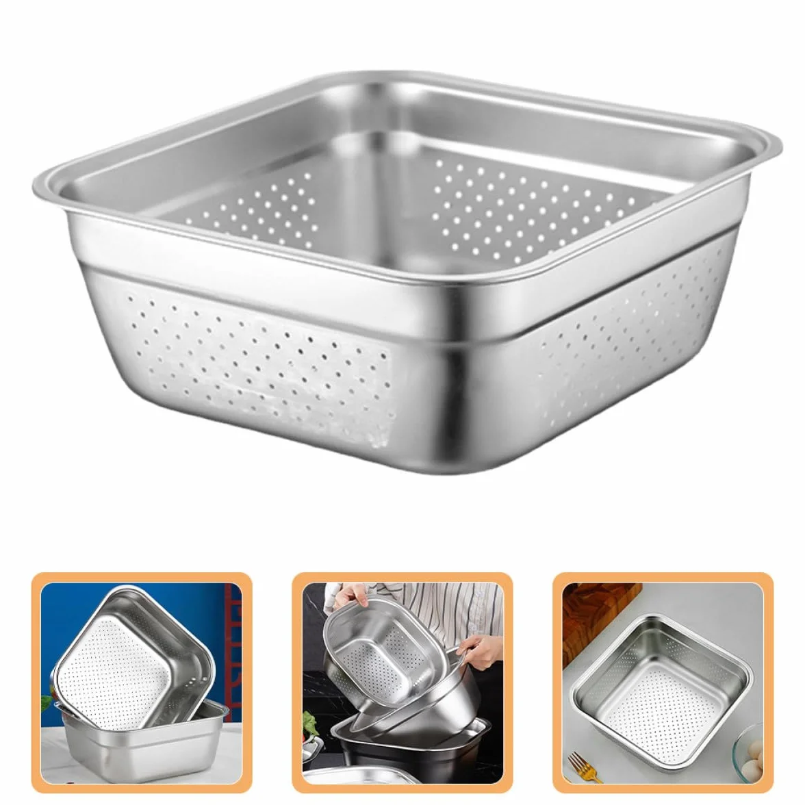 Kwadratowy durszlak ze stali nierdzewnej 27 cm, wszechstronne sitko kuchenne do mycia owoców i warzyw, kompaktowy, trwały, łatwy drenaż, niezbędne narzędzie do gotowania
