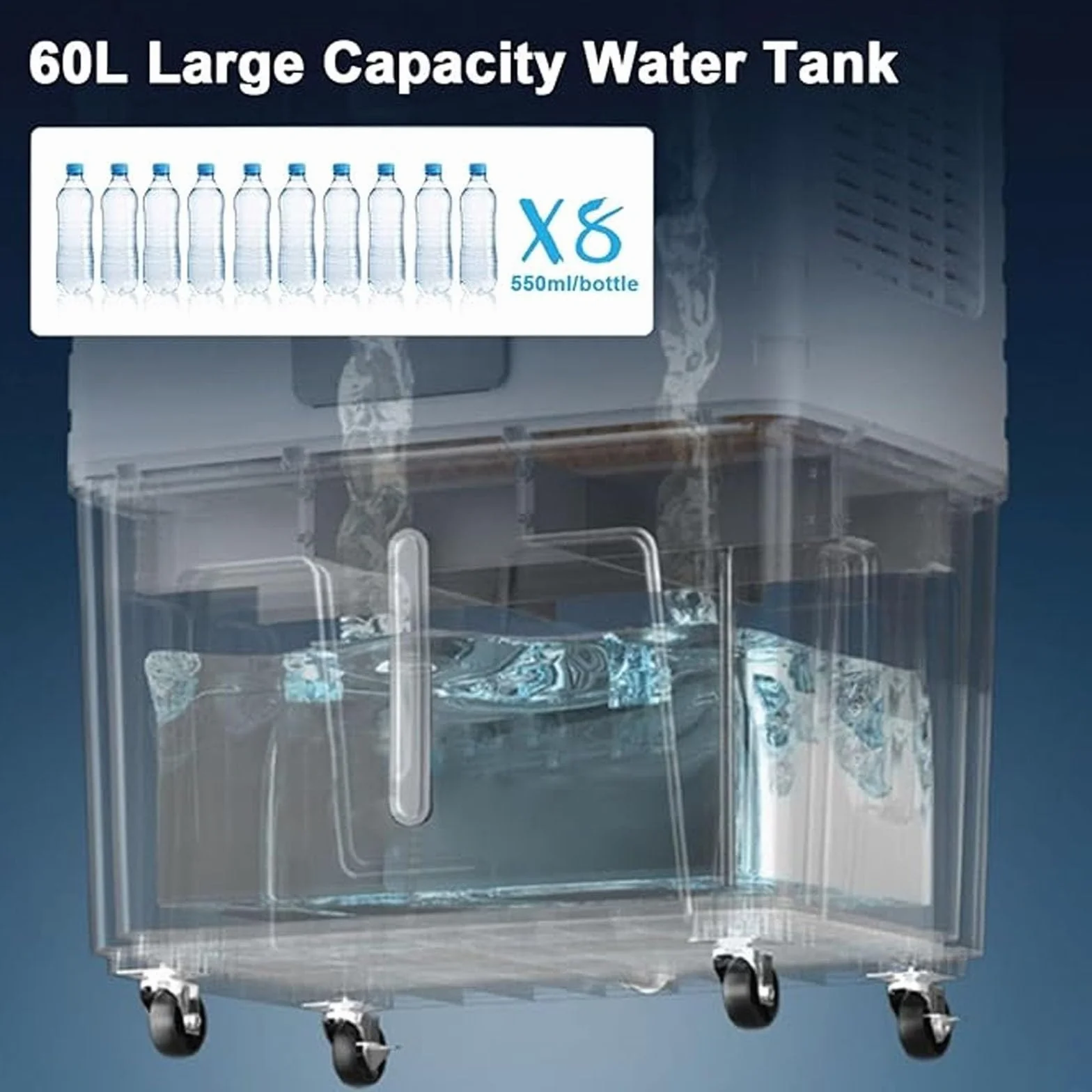 60L Przenośna chłodziarka powietrza parowego, mocny wentylator chłodzący o mocy 500 W z oscylacją 120 ° i 3 prędkościami.Lekka konstrukcja o niskim poziomie hałasu do użytku domowego w pomieszczeniach