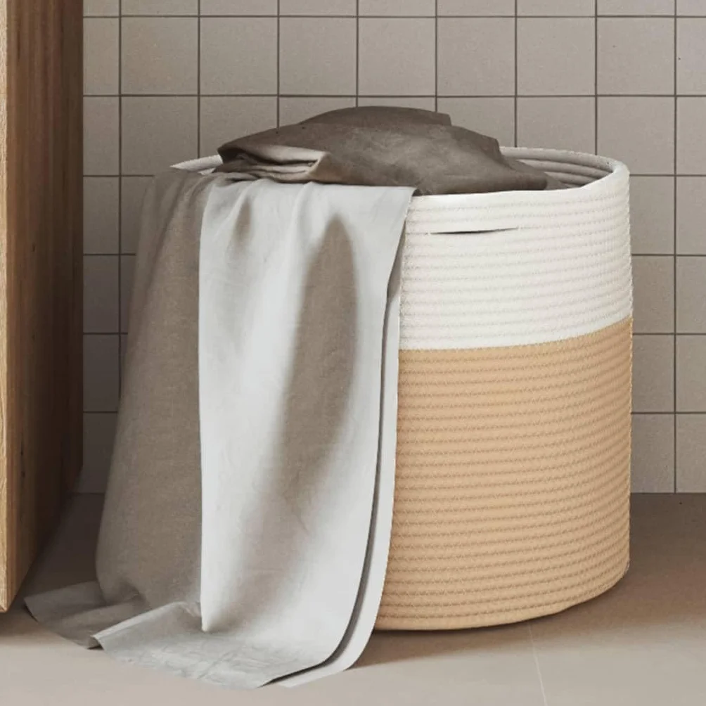 Kosz do przechowywania z plecionej bawełny 40x35 cm Beżowy Biały | Składane z solidnymi uchwytami, można prać ręcznie, do ręczników do zabawek