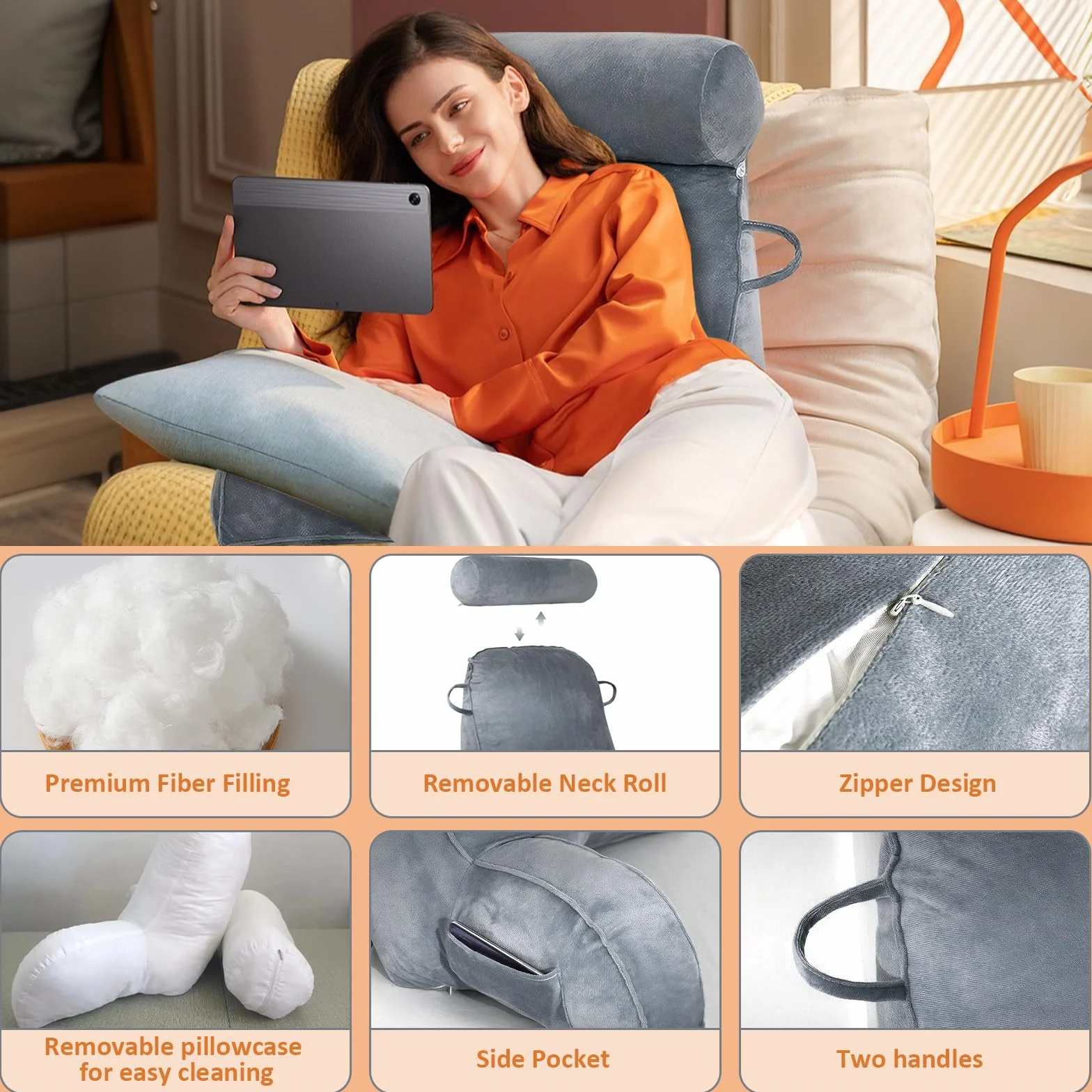 MINGPINHUIUS XL Poduszka do czytania do łóżka i sofy z odpinaną poduszką na szyję, idealna poduszka na plecy dla dorosłych z pianką memory foam dla komfortowego czytania, pracy, zabawy, oglądania