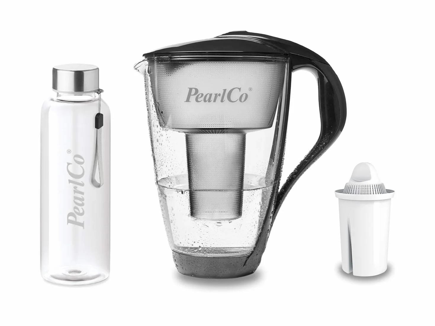 PearlCo - Szklany filtr do wody (antracyt) z 1 uniwersalnym wkładem filtrującym Classic + 1 butelka do picia ze szkła