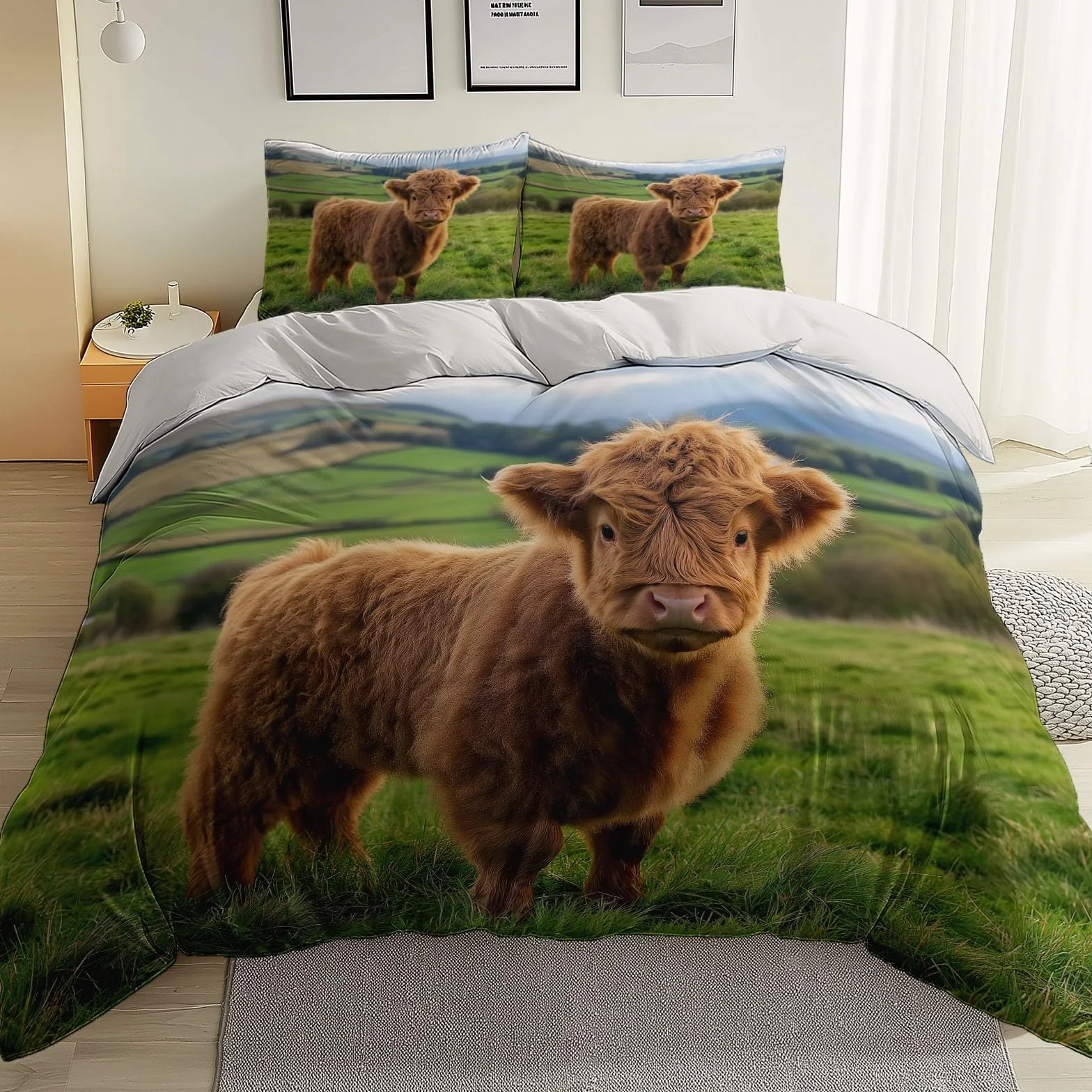 Dwustronna poszwa na kołdrę 240 x 260 cm z nadrukiem, zwierzę łąka bydło górskie wzór zestaw pościeli z zamkiem błyskawicznym, biała poszwa na kołdrę z mikrofibry
