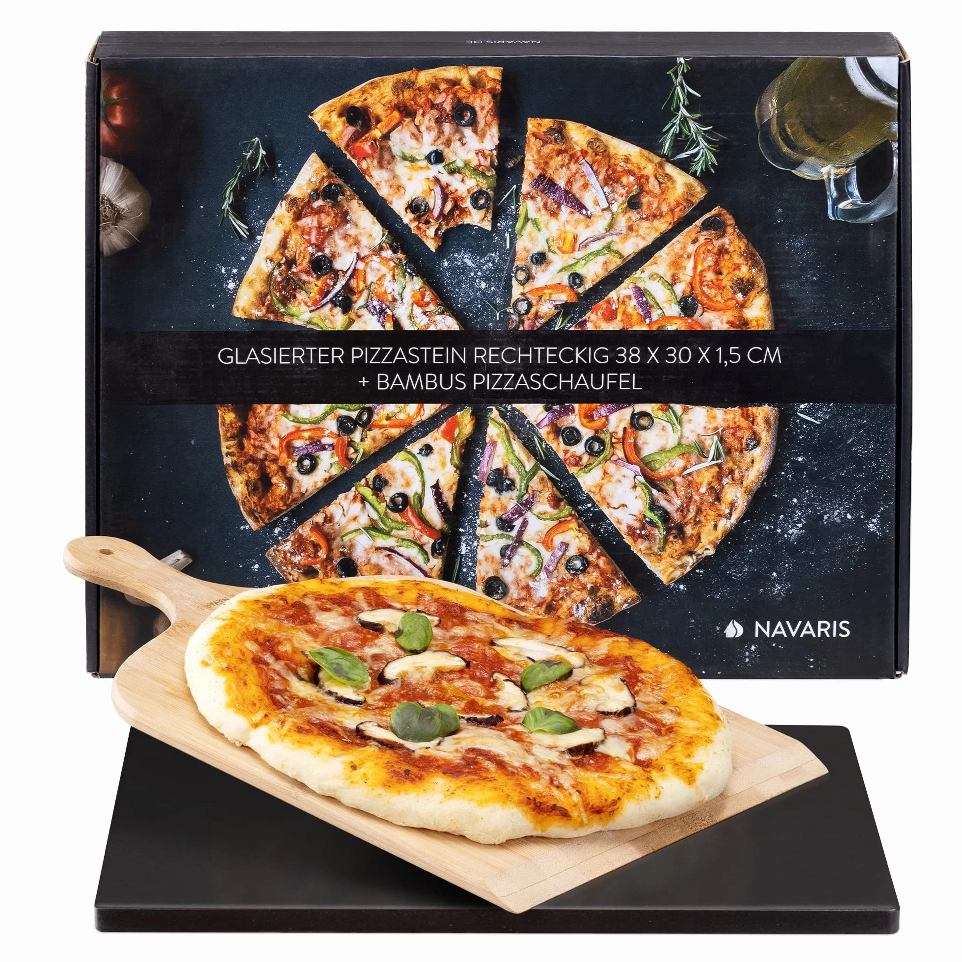 Navaris XL Kamień do pizzy pieczenia, glazurowany, kwadratowy, kordieryt, do grilla i piekarnika, z łopatą do pizzy i książką z przepisami, 38 x 30 cm